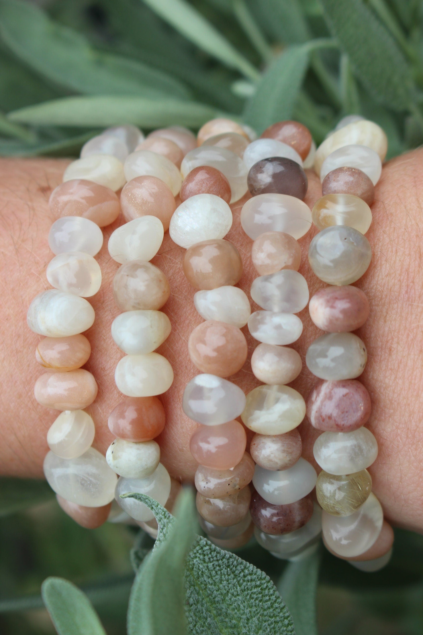 Handmade Moonstone Stretch Bracelet, Fits most Wrists, Peach White Grey Polished Crystal Gemstones Chunky Bracelet.