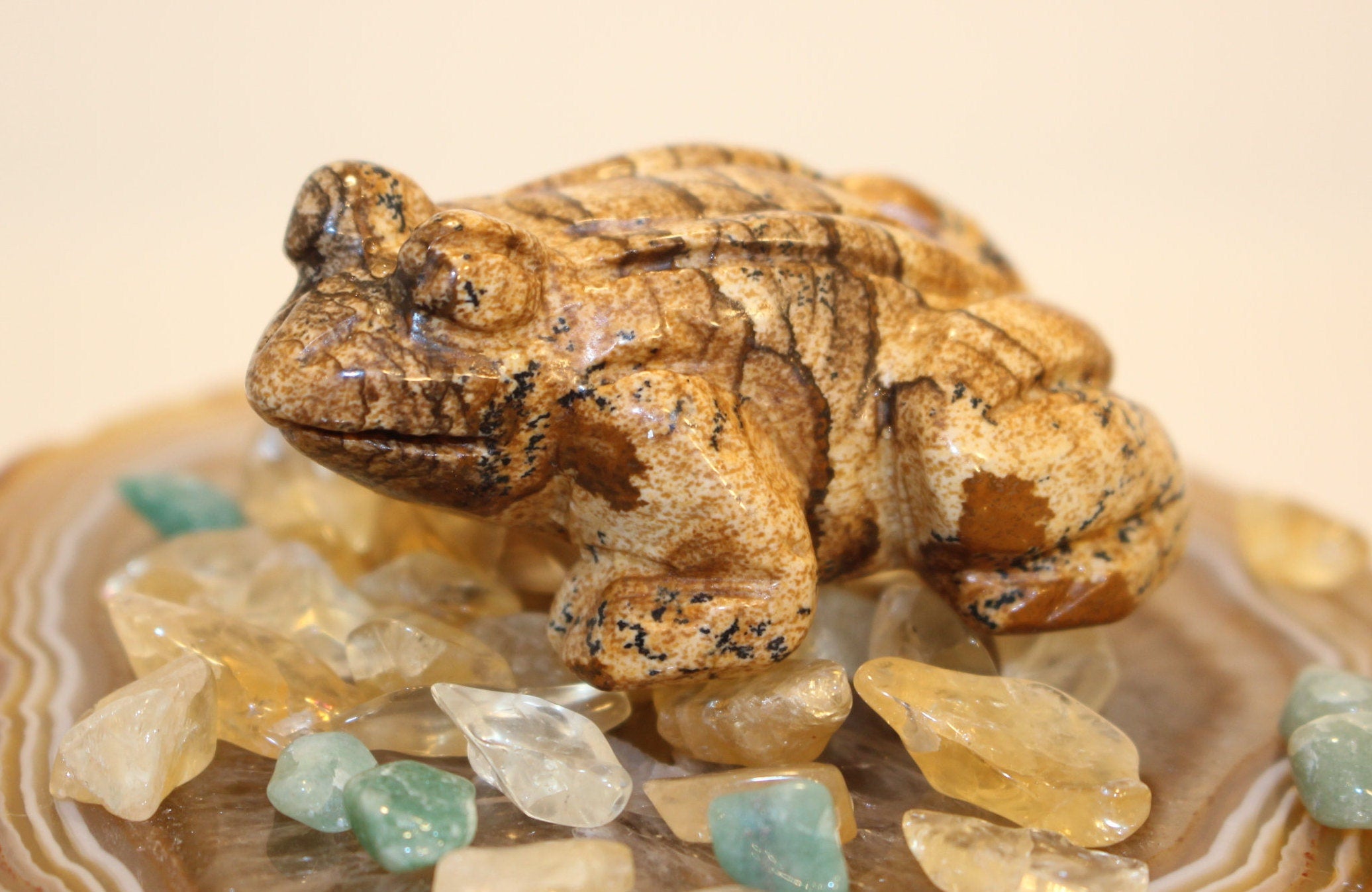 Carved Frog from Desert Jasper Gemstone, Natural Colors - Beautiful Striations,  No Resin-  Solid Crystal, Great Fathers Day Gift.