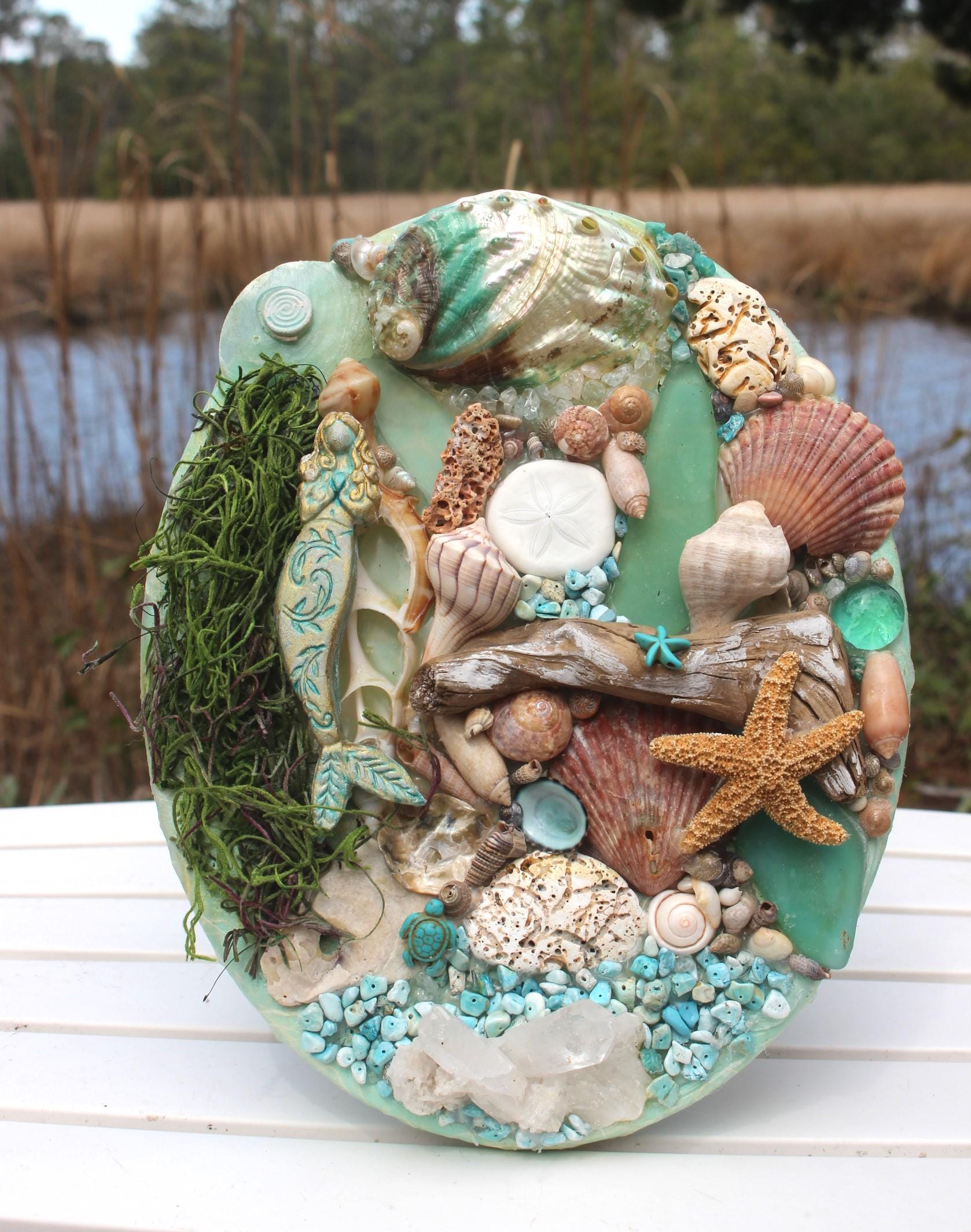 Shell Canvas Wall Art Décor, Original Mermaid  Ocean Art w/ Driftwood, Handmade Island Life Sea Collage, Titled Maiden Voyage. 8 by 10 inch.