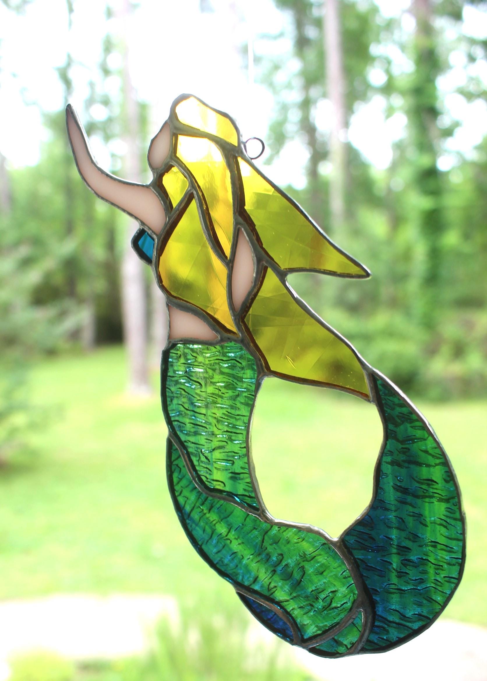 New! Real Stained Glass Mermaid Sun Catcher, Beautiful colors & detail, Well made glass handcraft, Coastal Figurine, Ready to Hang Wall Art!