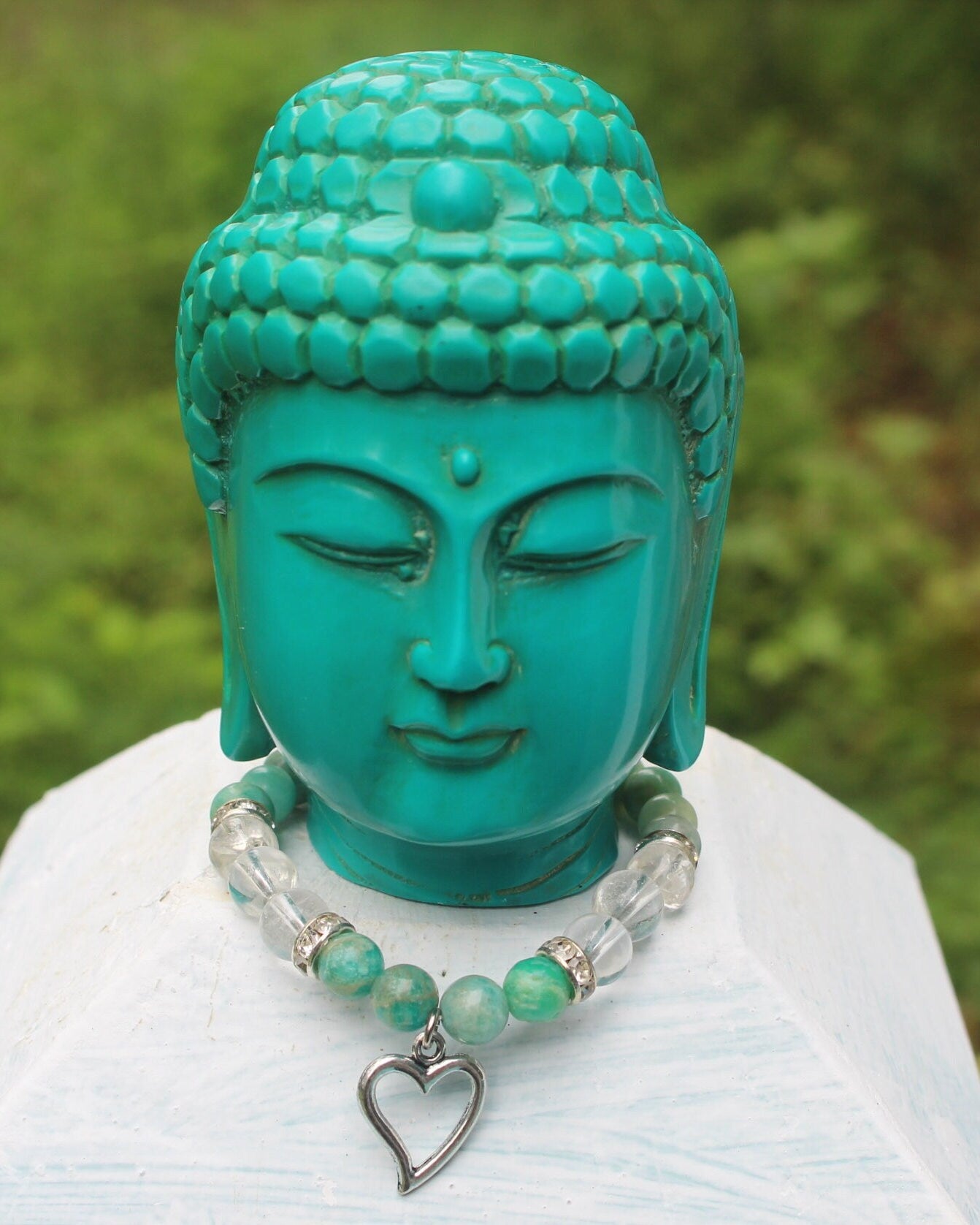 Meditation Room Relaxation Gift Set, Turquoise Color Buddha Head, Amazonite & Quartz Bracelet,  Large Quartz Crystal. Yoga Gift.