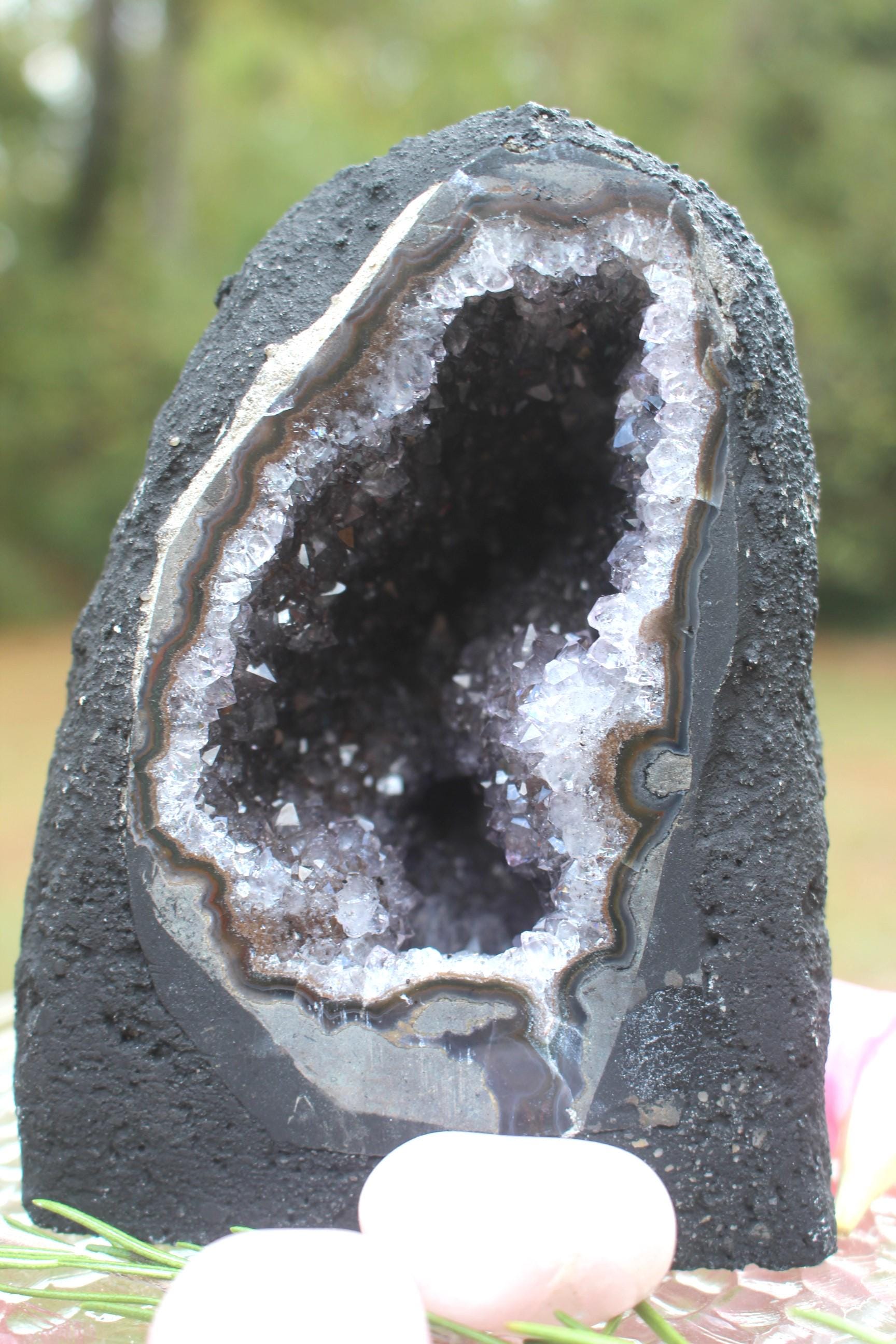 Amethyst Geode Crystal Cave Cathedral w/ Rose Quartz Stone,  Hollow Geode Collectible Specimen. Boho Home Décor, Priority Mail Shipping.