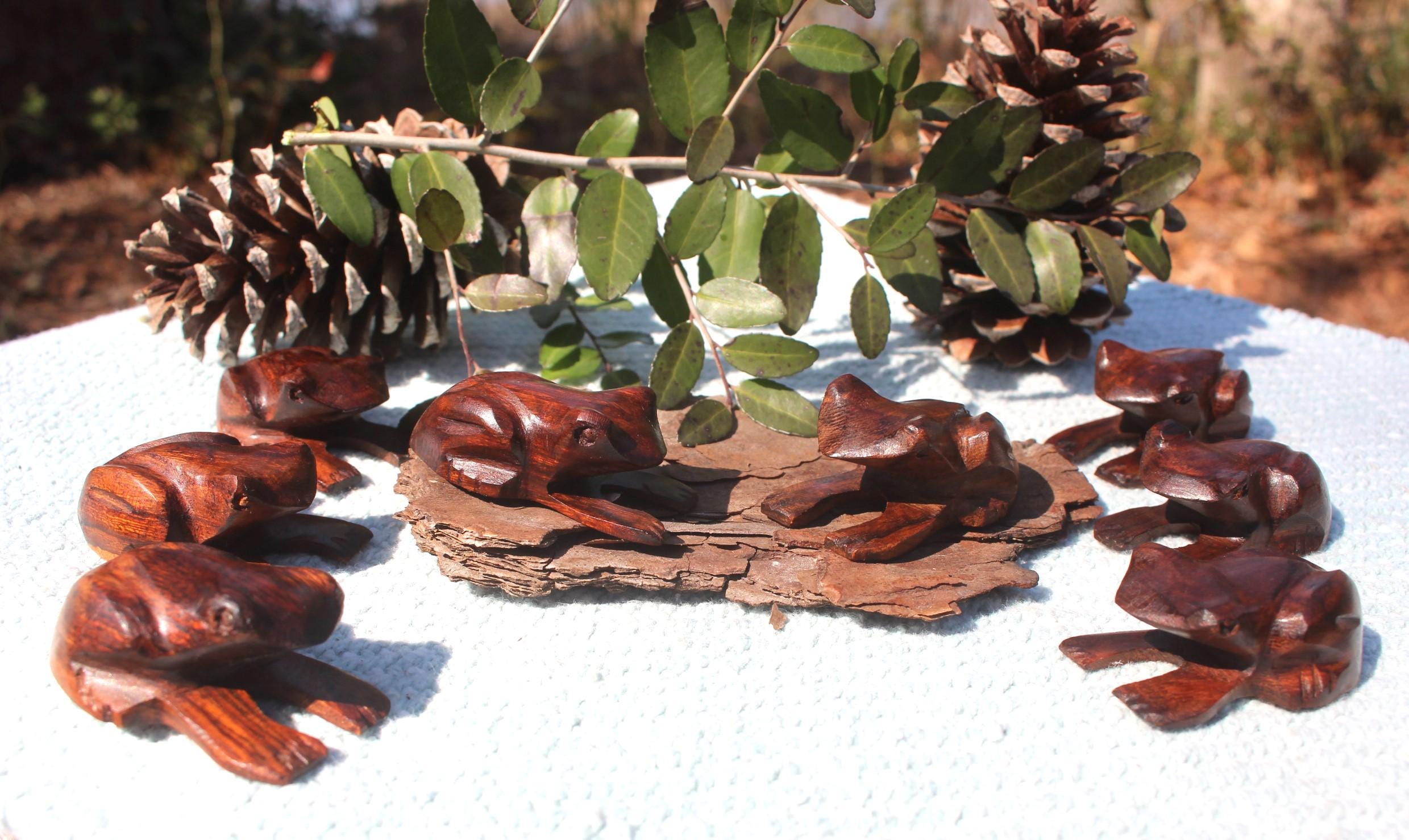 Pair of Rustic Hand Carved Wood Frogs, Small Woodland Animal Figurine, Totem Animal for Altars- Home Décor Collectible.