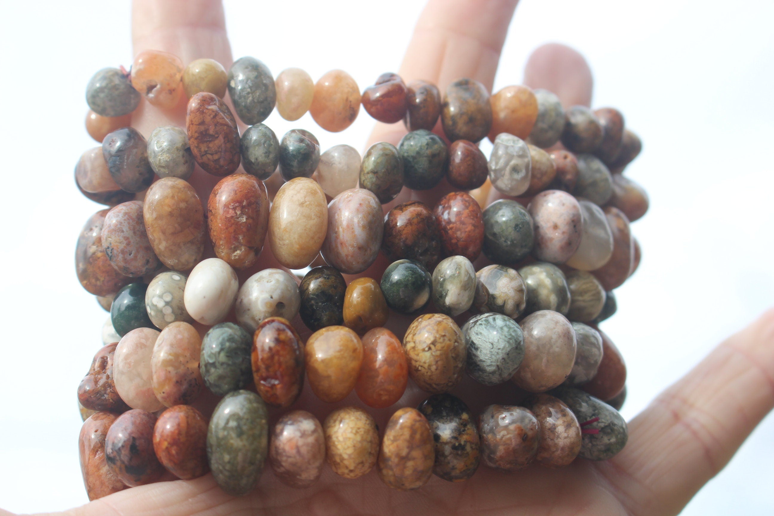 Handmade Ocean Jasper Stretch Bracelet, Fits Most Wrists, Polished Crystal Gemstone, Natural Earth Toned Colors, Chakra Yoga Jewelry.