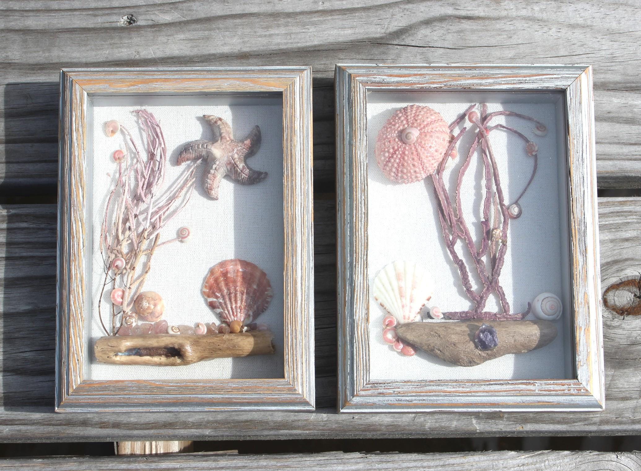 Ocean Theme Shadow Box, Handmade Shell Driftwood Coastal Home Décor.  Weathered Wood Frame.