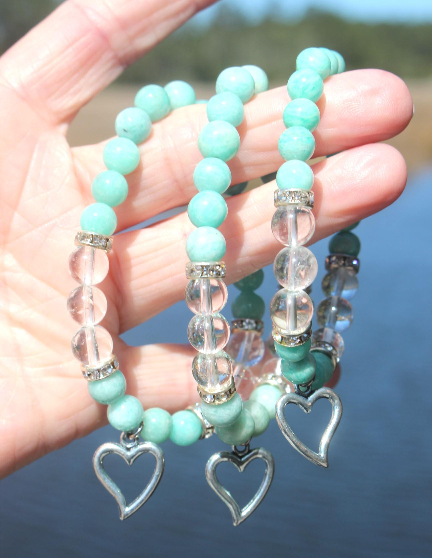 Amazonite and Quartz Stretch Bracelet, Beachy Vibe with Heart Charm, Turquoise Color, Chakra Yoga Jewelry, Fits most Wrists.