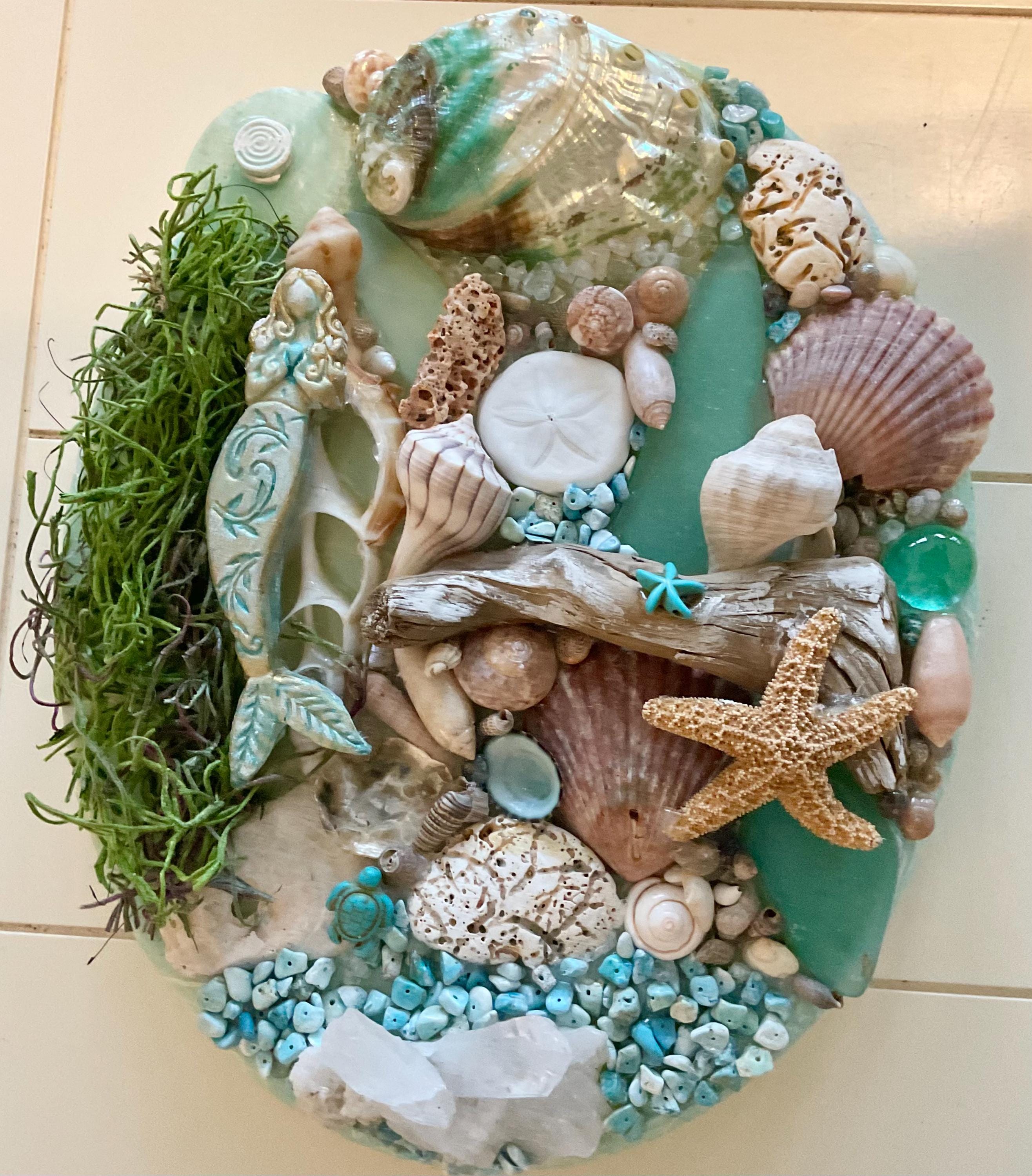 Shell Canvas Wall Art Décor, Original Mermaid  Ocean Art w/ Driftwood, Handmade Island Life Sea Collage, Titled Maiden Voyage. 8 by 10 inch.