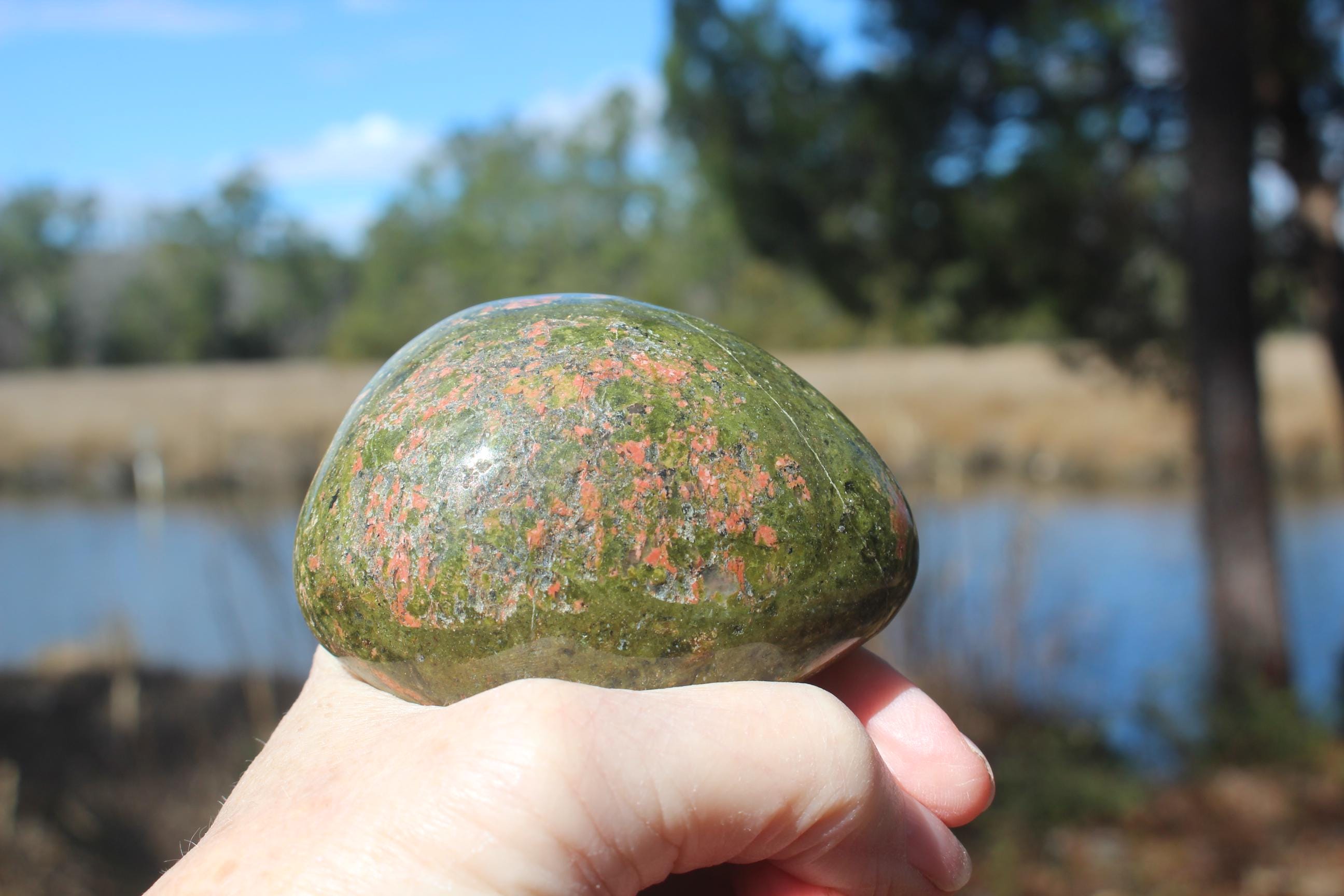 Unakite Large Free form Specimen, Polished Unakite Therapy Stone, Meditation Rooms, Perfect Rockhound Paperweight, Gemstone Collectible!