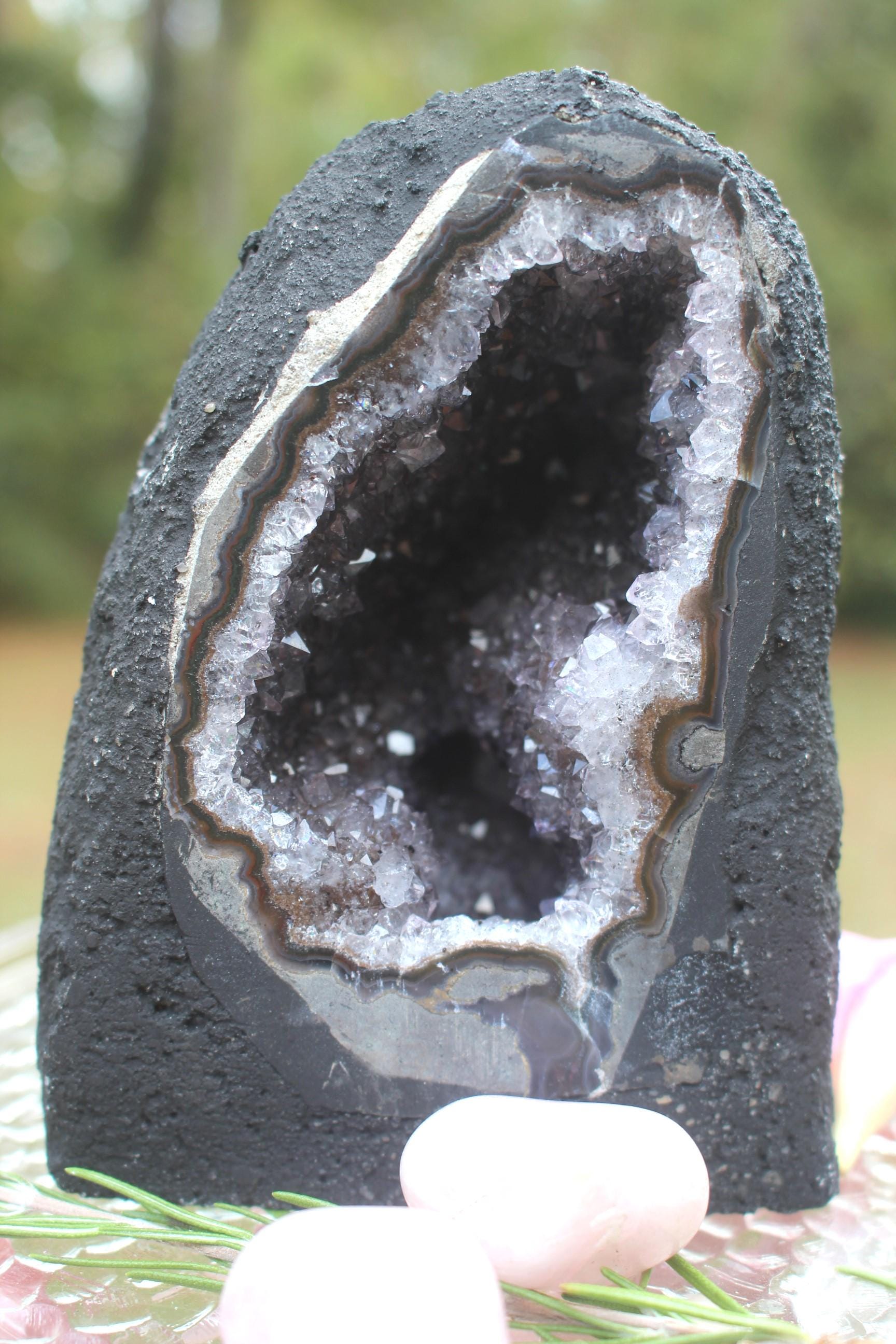 Amethyst Geode Crystal Cave Cathedral w/ Rose Quartz Stone,  Hollow Geode Collectible Specimen. Boho Home Décor, Priority Mail Shipping.