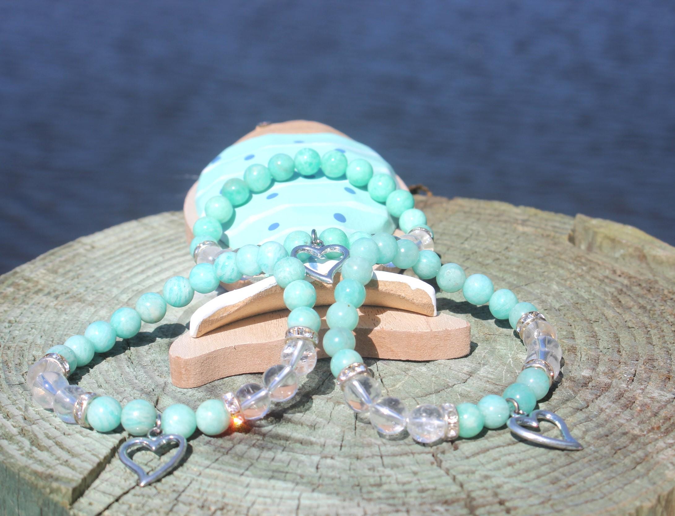 Amazonite and Quartz Stretch Bracelet, Beachy Vibe with Heart Charm, Turquoise Color, Chakra Yoga Jewelry, Fits most Wrists.