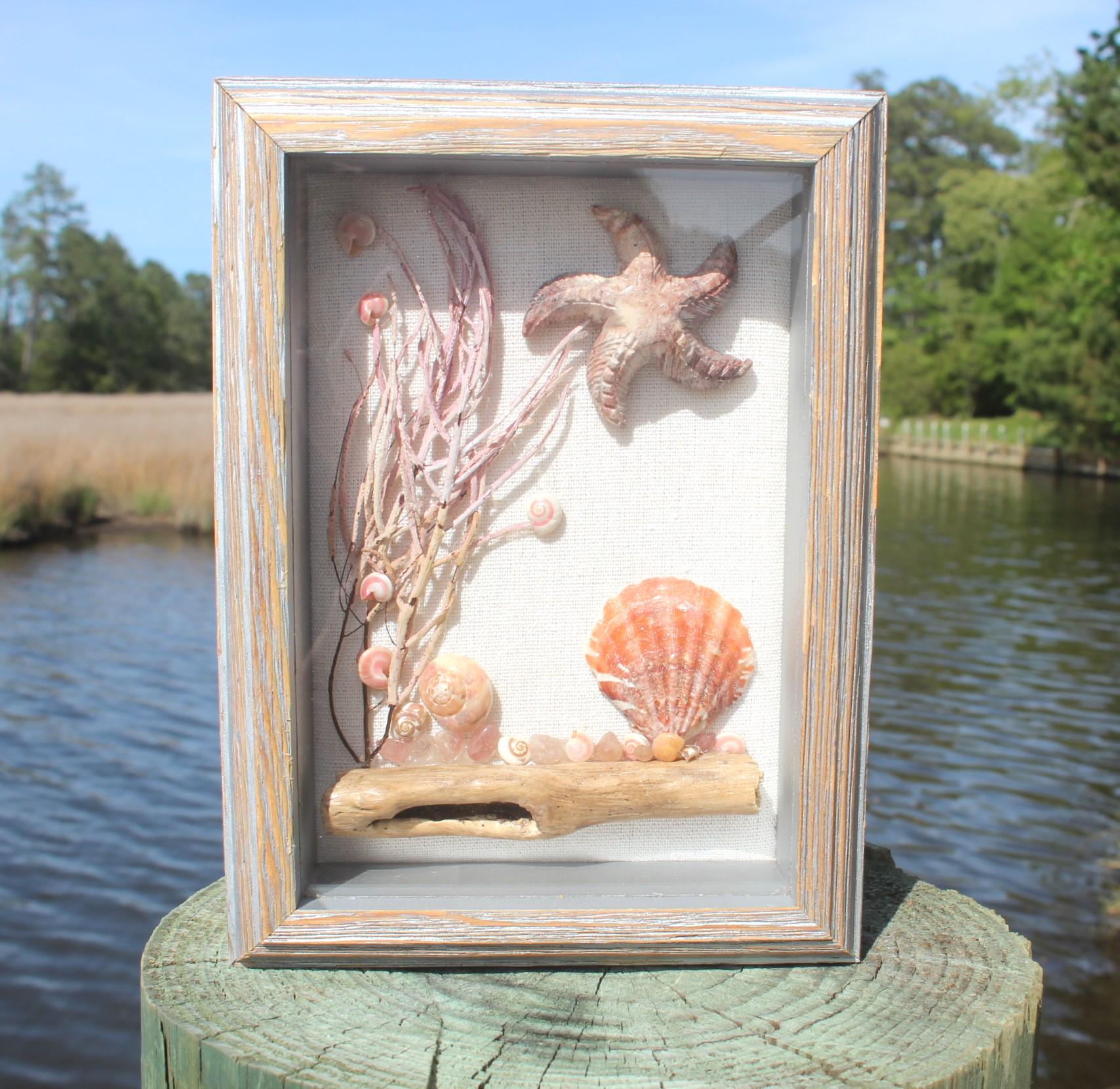 Ocean Theme Shadow Box, Handmade Shell Driftwood Coastal Home Décor.  Weathered Wood Frame.