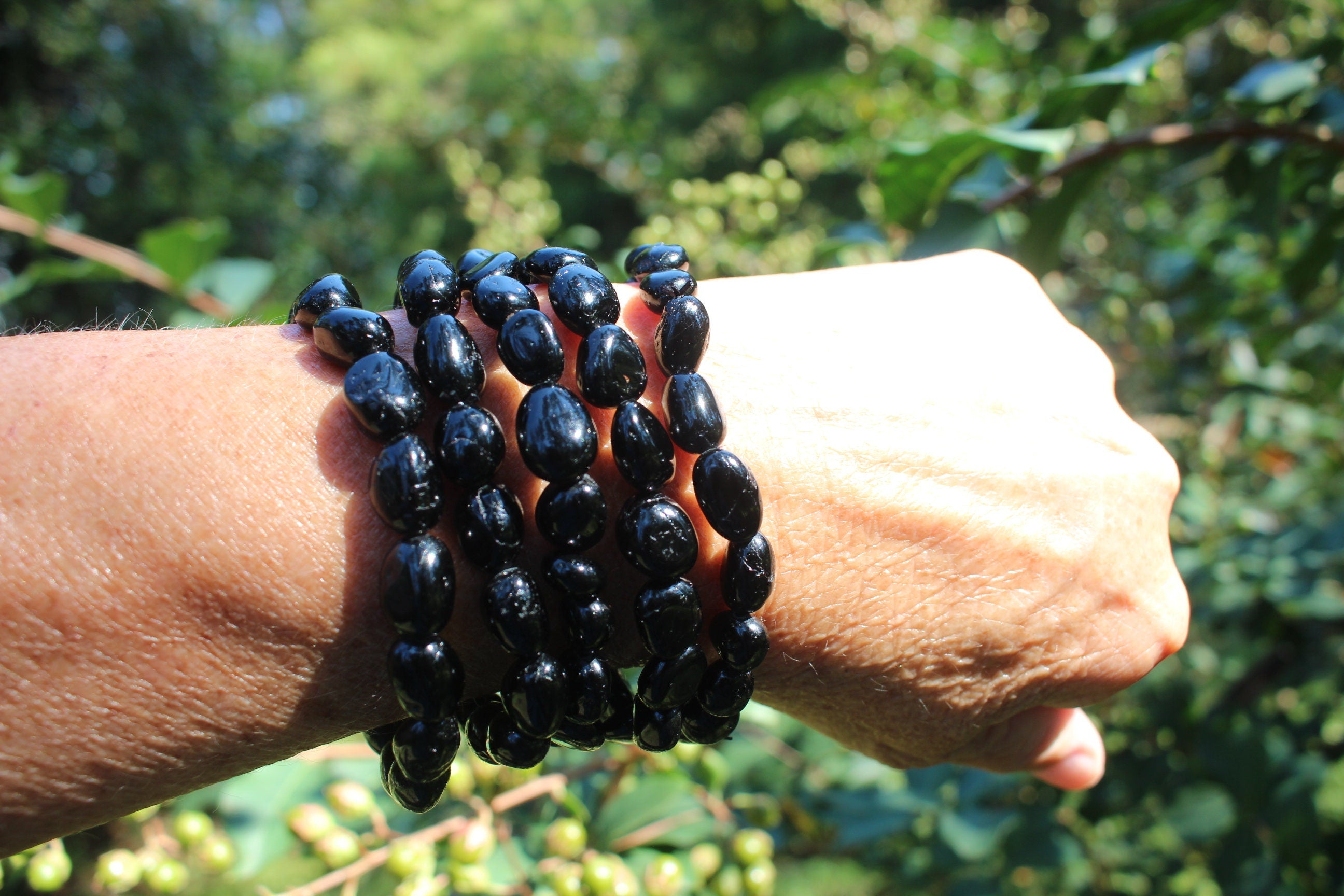 Black Obsidian Beaded Stretch Bracelet, Fits Most Wrists, Nice Polish. Round Crystal-Gemstone Jewelry, Jet Black Color.