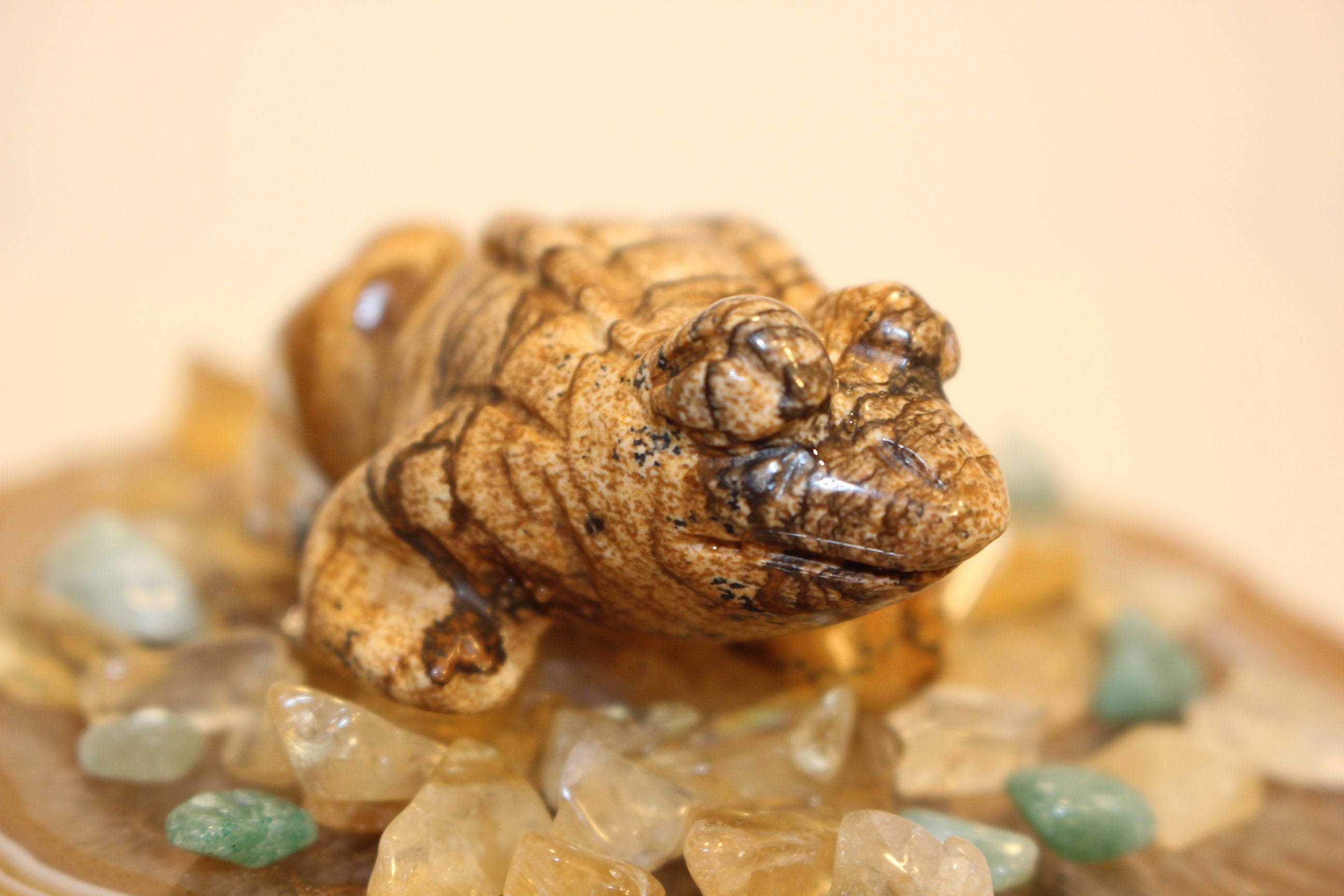 Carved Frog from Desert Jasper Gemstone, Natural Colors - Beautiful Striations,  No Resin-  Solid Crystal, Great Fathers Day Gift.
