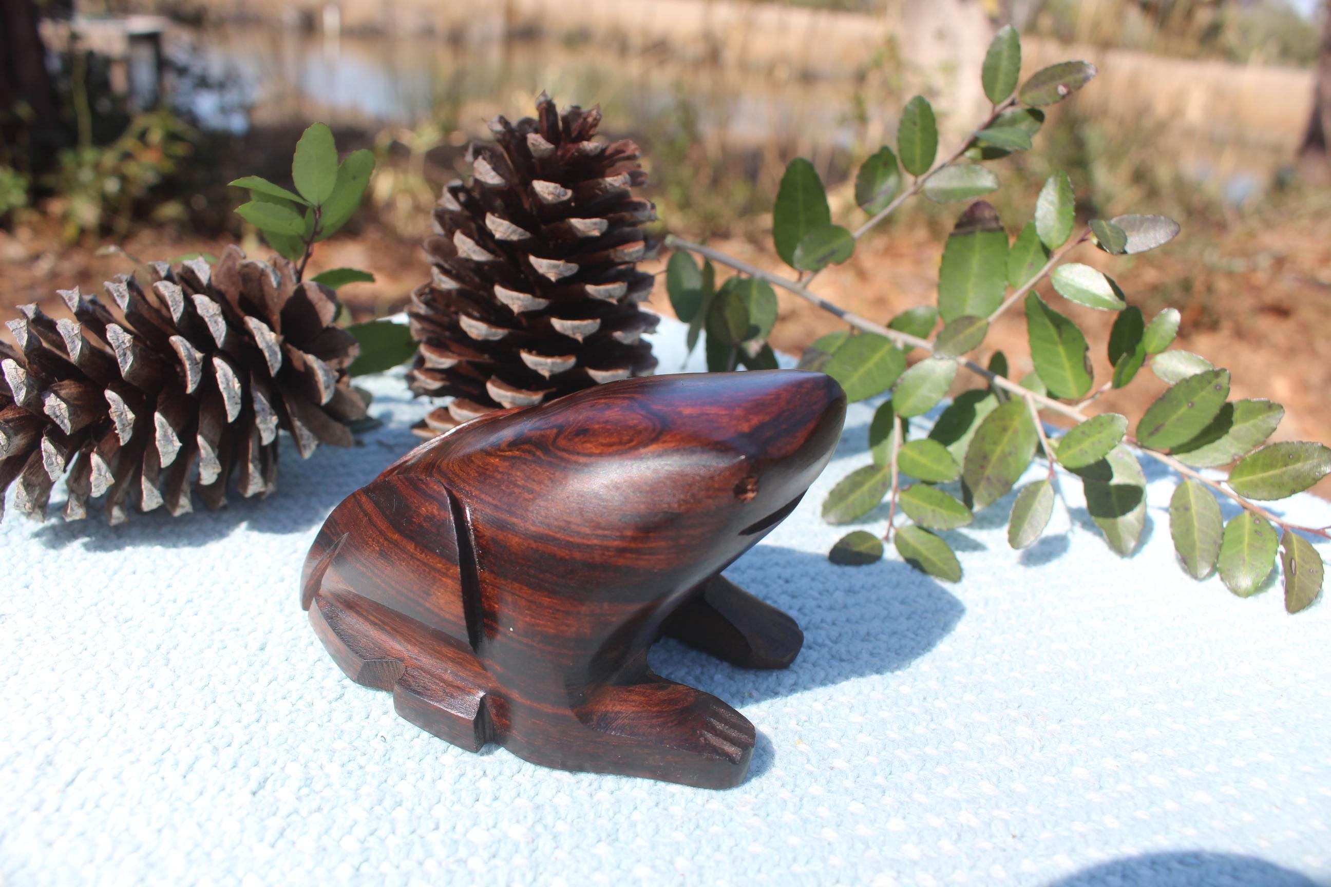 Large Rustic Hand Carved Wood Frogs, Woodland Animal Turtle Figurine, Totem Animal for Altars- Home Décor.