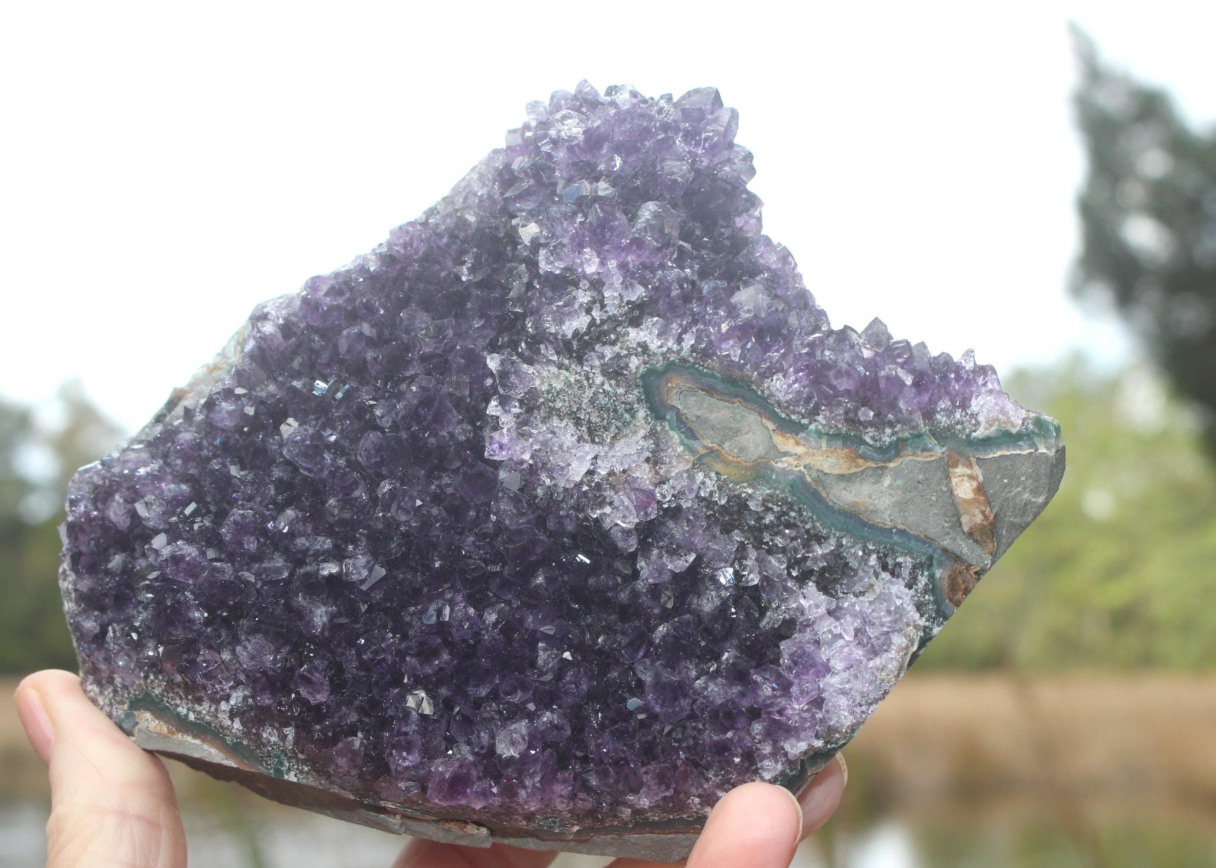 Amethyst Geode Crystal Gemstone Cluster, Sparkling Purple Specimen for Boho Crystal Home Décor, Yoga-Meditation Space.