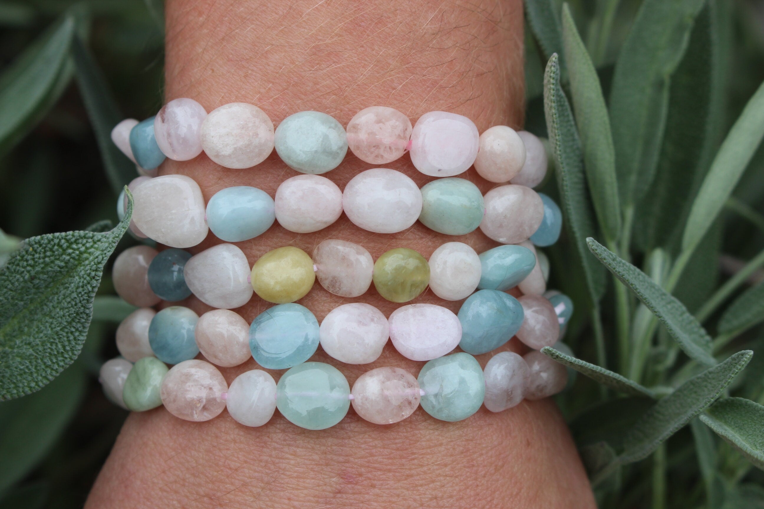 Handmade Morganite Stretch Bracelet, Fits Most Wrists, Crystal-Gemstone, Natural Pastel Colors, Chakra Healing Jewelry, Stocking Stuffer