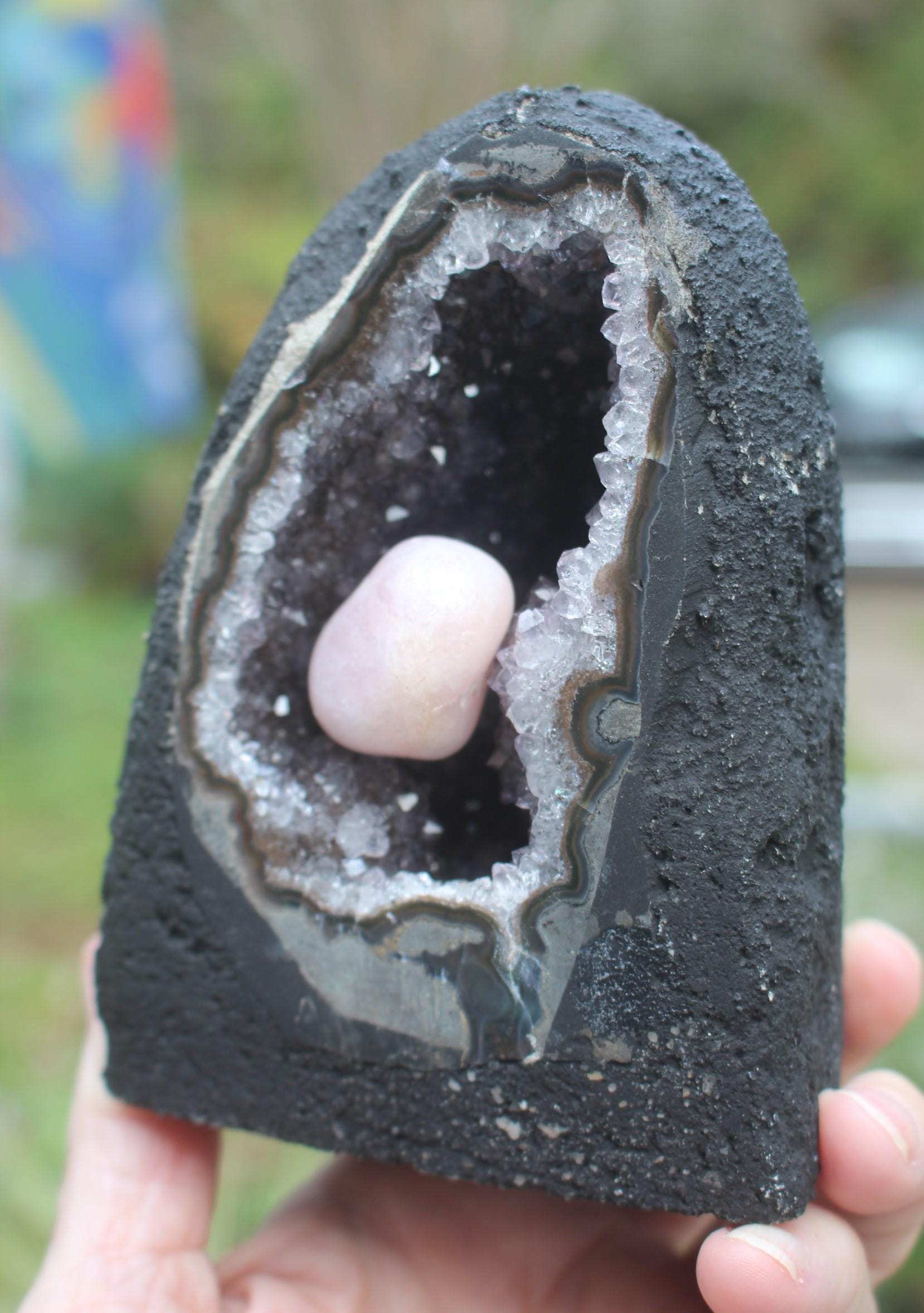 Amethyst Geode Crystal Cave Cathedral w/ Rose Quartz Stone,  Hollow Geode Collectible Specimen. Boho Home Décor, Priority Mail Shipping.