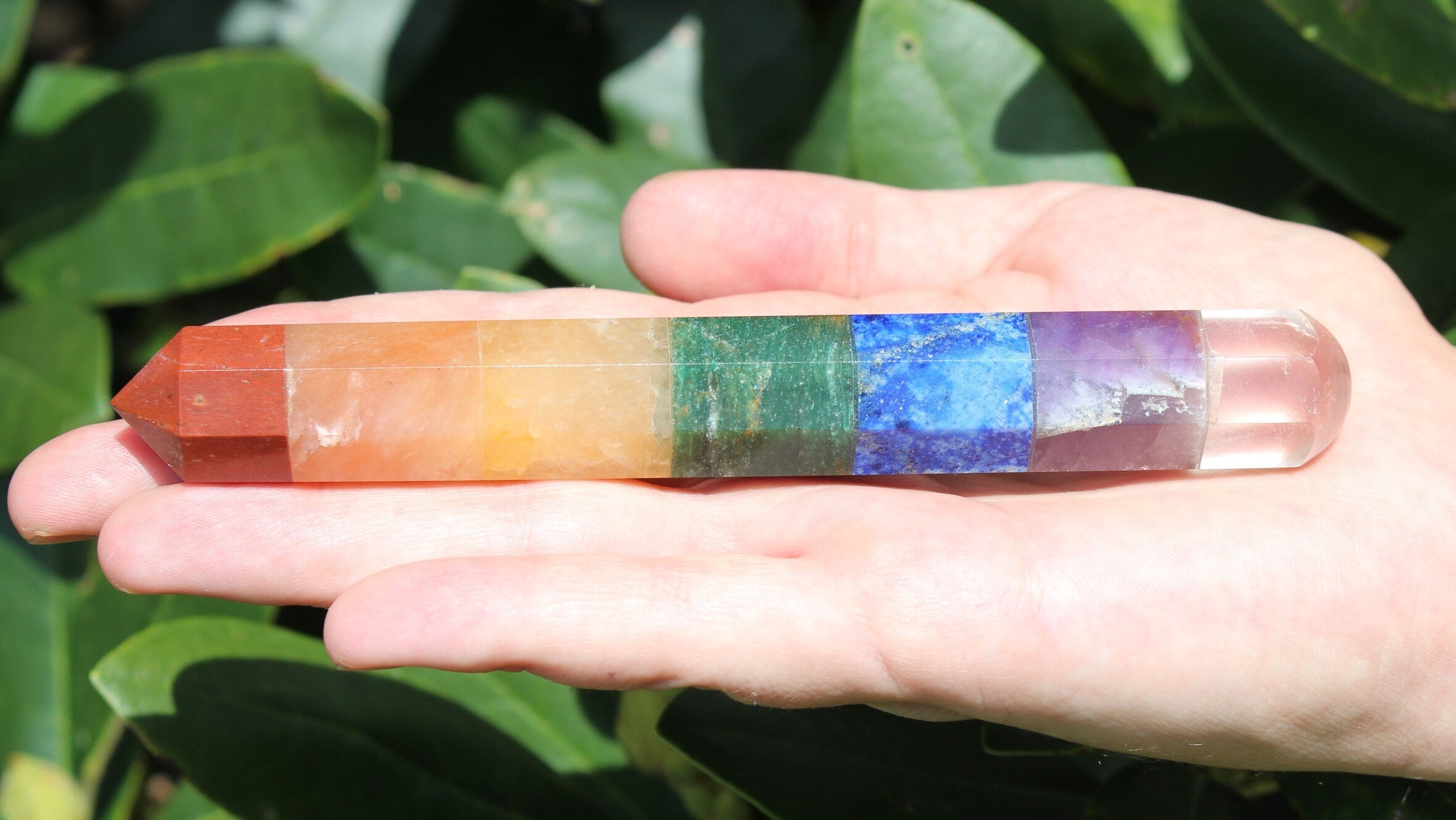 Chakra Wand Seven Gemstones, Healing Energy Terminated Crystal, Reflexology Reiki Massage Wand, Nicely Polished, with Velvet Bag