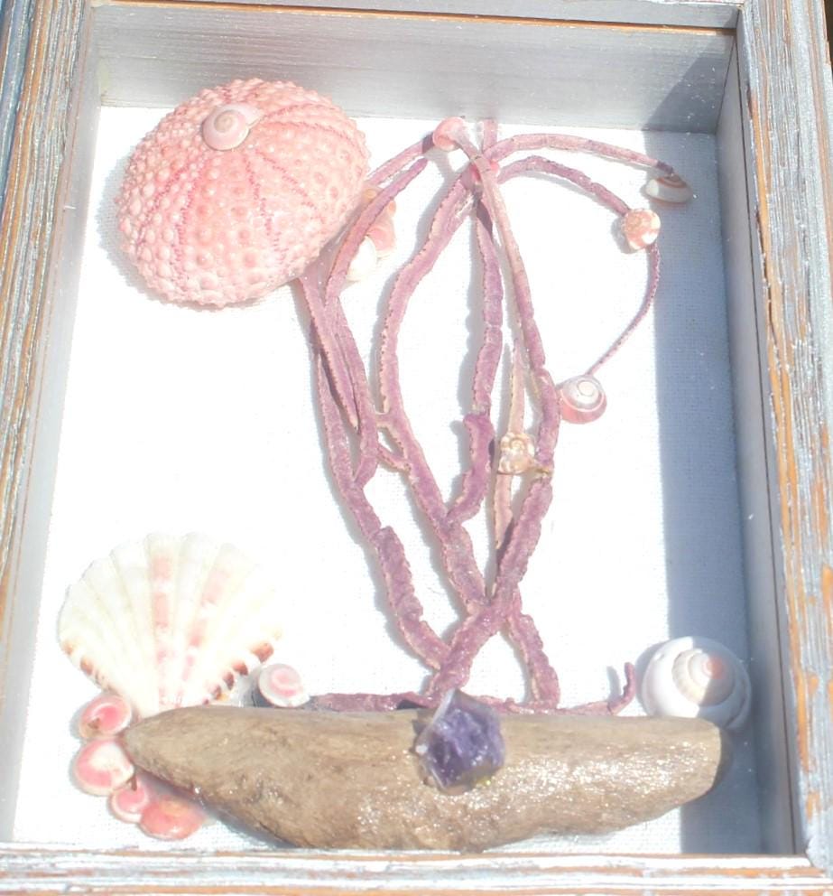 Handmade Ocean Themed Shadow Box, Shell Driftwood Sea Fan Coastal Art.