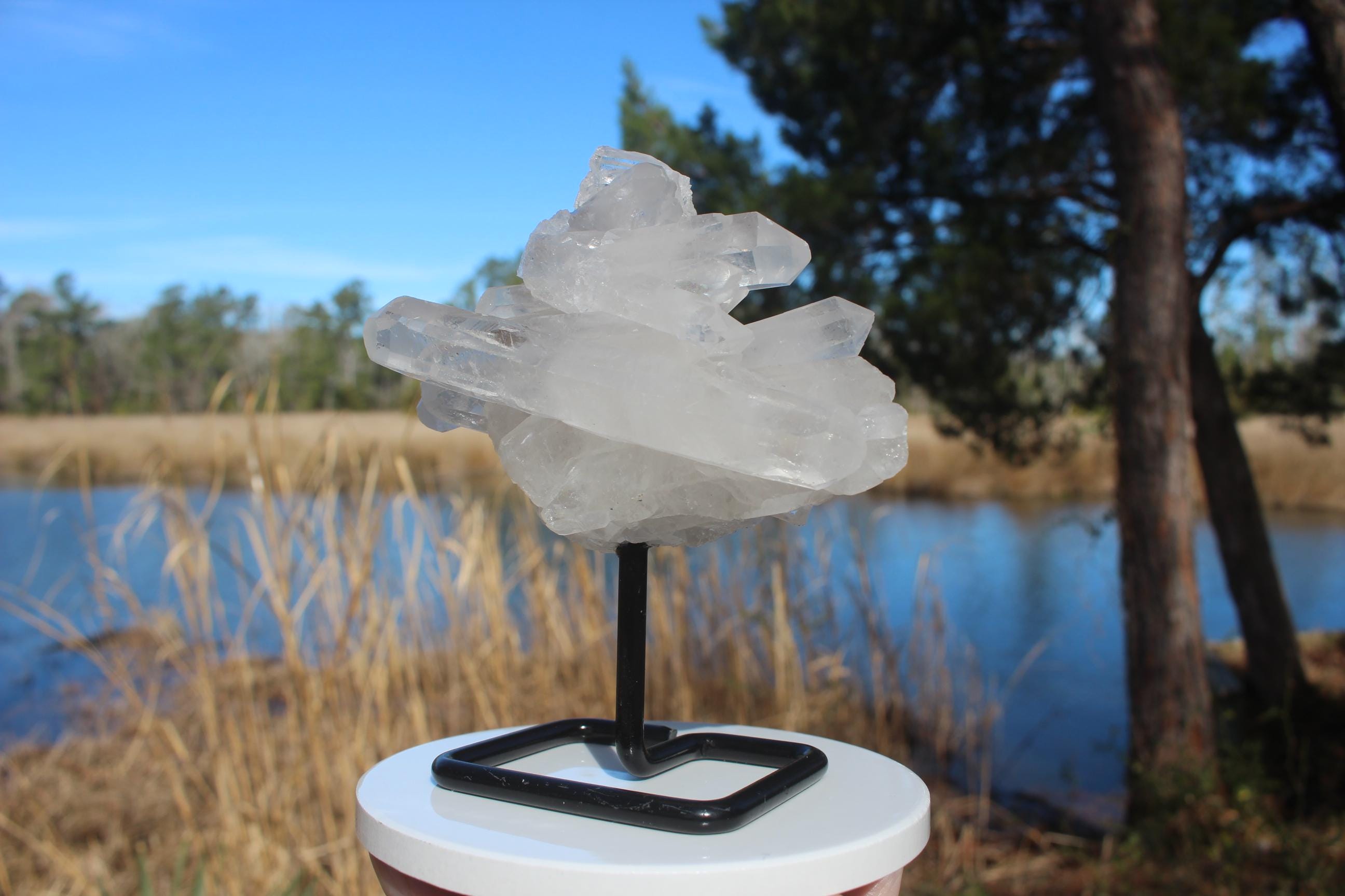 Quartz Crystal Cluster on Black Iron display stand, Clear Raw Natural Specimen.  Sparkling long Terminations,  Boho Home Décor, Collections!