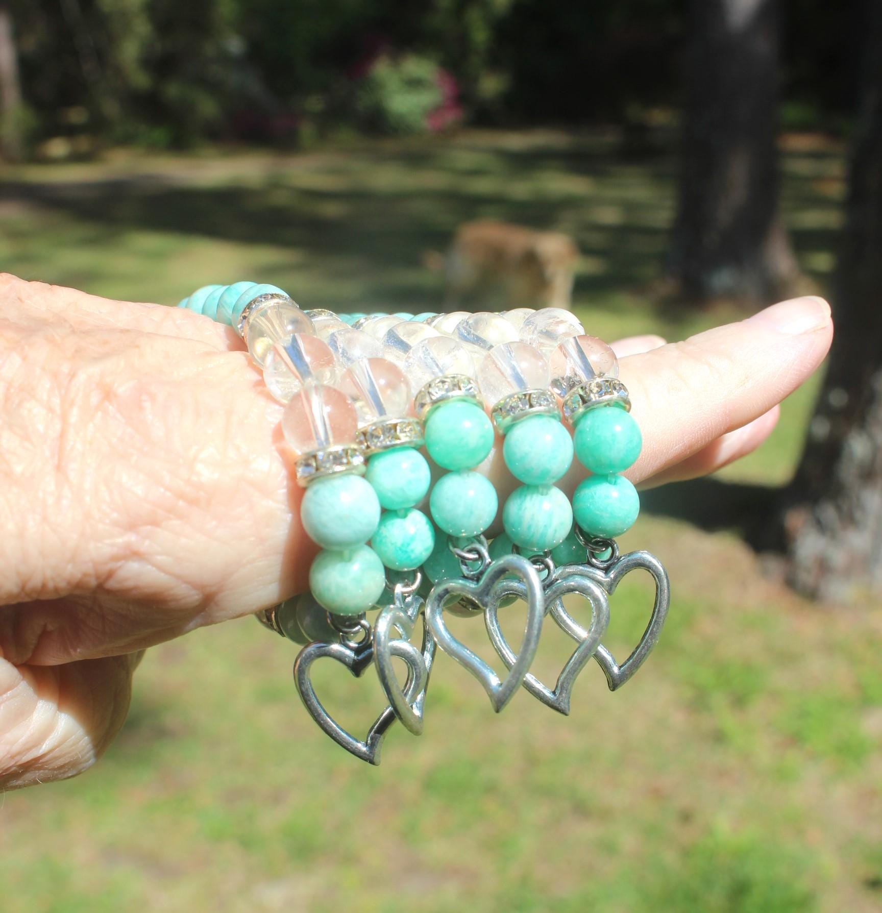 Amazonite and Quartz Stretch Bracelet, Beachy Vibe with Heart Charm, Turquoise Color, Chakra Yoga Jewelry, Fits most Wrists.