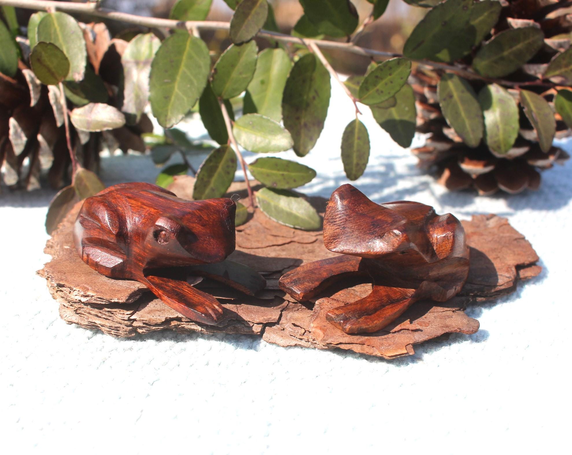 Pair of Rustic Hand Carved Wood Frogs, Small Woodland Animal Figurine, Totem Animal for Altars- Home Décor Collectible.
