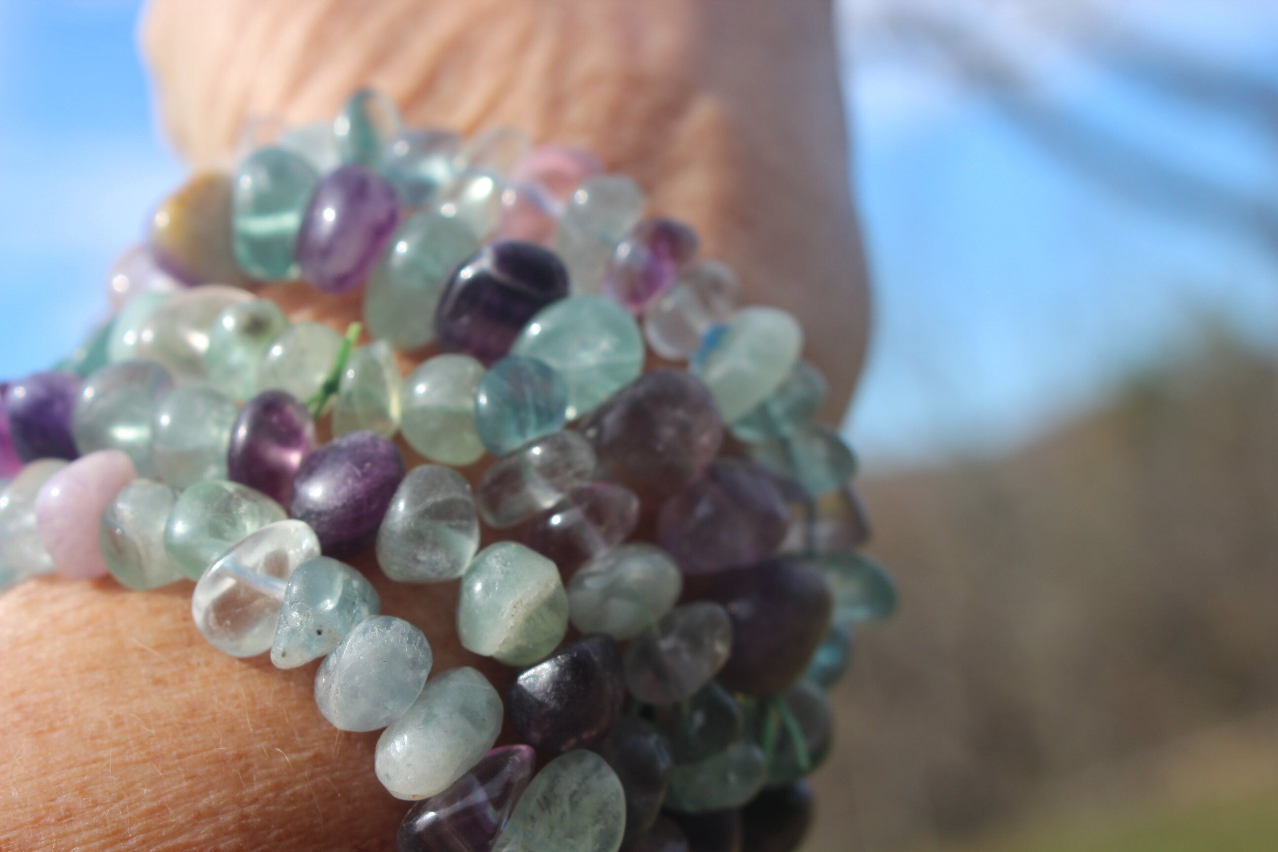 Rainbow Fluorite Chunky Stretch Bracelet, Fits Most Wrists, Natural Multicolored, Polished Gemstones. Chakra Jewelry.