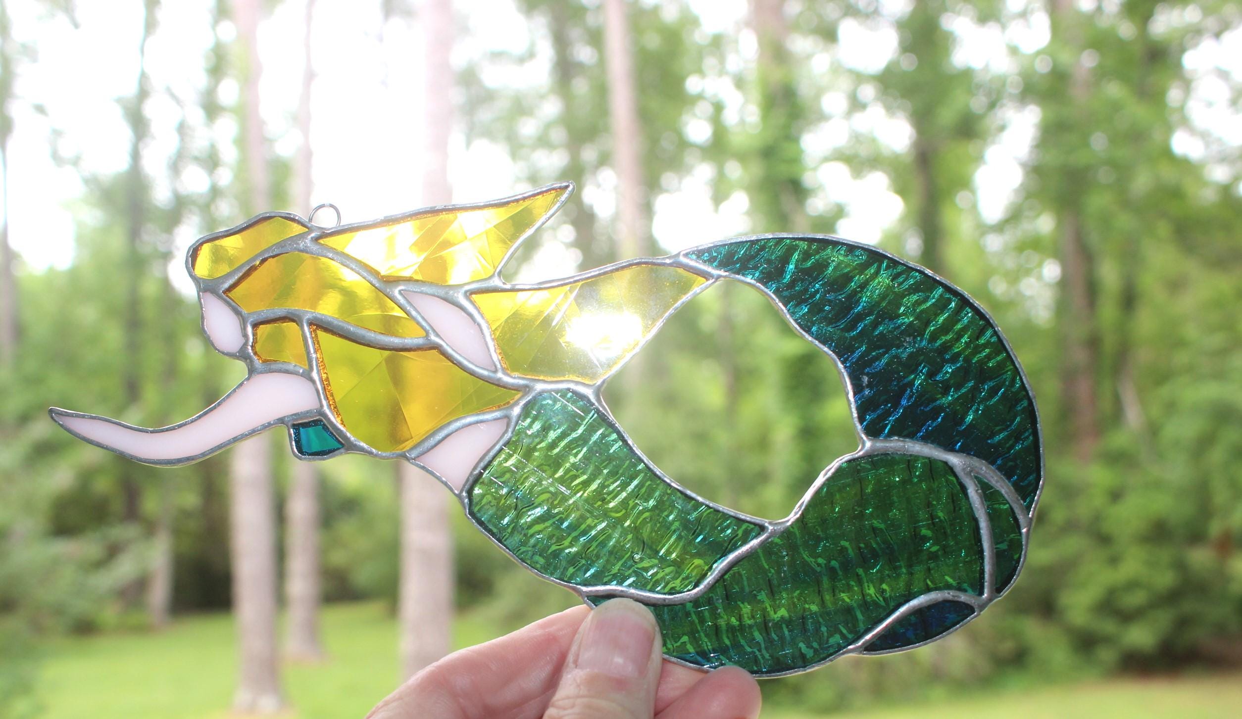New! Real Stained Glass Mermaid Sun Catcher, Beautiful colors & detail, Well made glass handcraft, Coastal Figurine, Ready to Hang Wall Art!