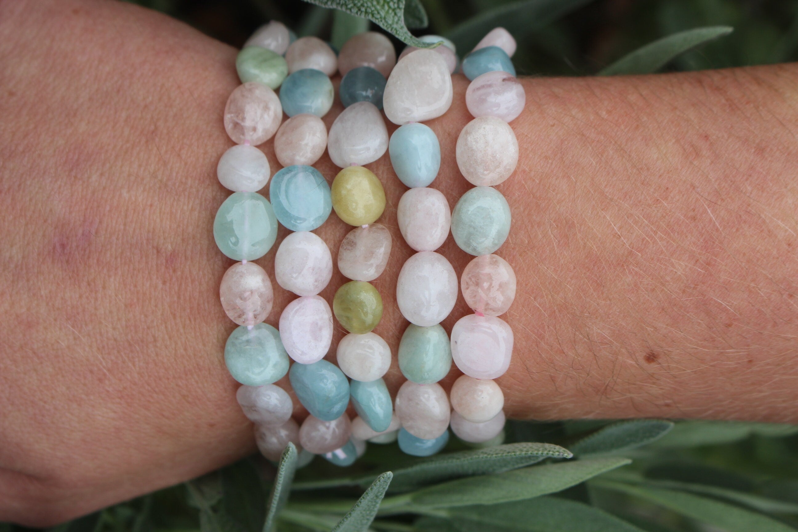 Handmade Morganite Stretch Bracelet, Fits Most Wrists, Crystal-Gemstone, Natural Pastel Colors, Chakra Healing Jewelry, Stocking Stuffer