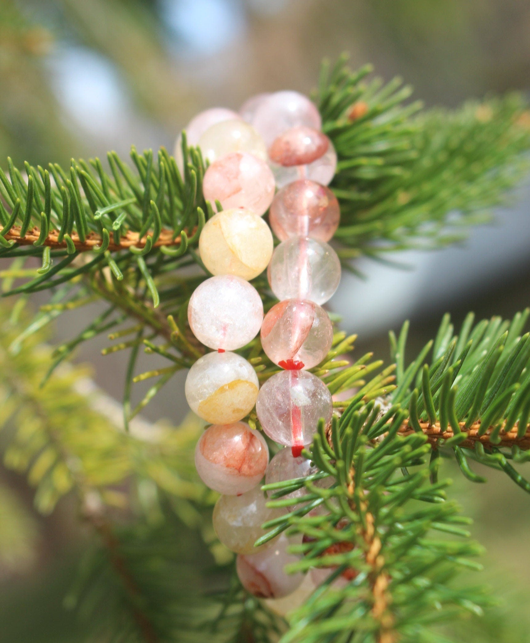 Handmade Hematoid Quartz Stretch Bracelet, Fits Most Wrists, Polished round beads- Natural- clear-rust-pink colors, Chakra Yoga Jewelry.