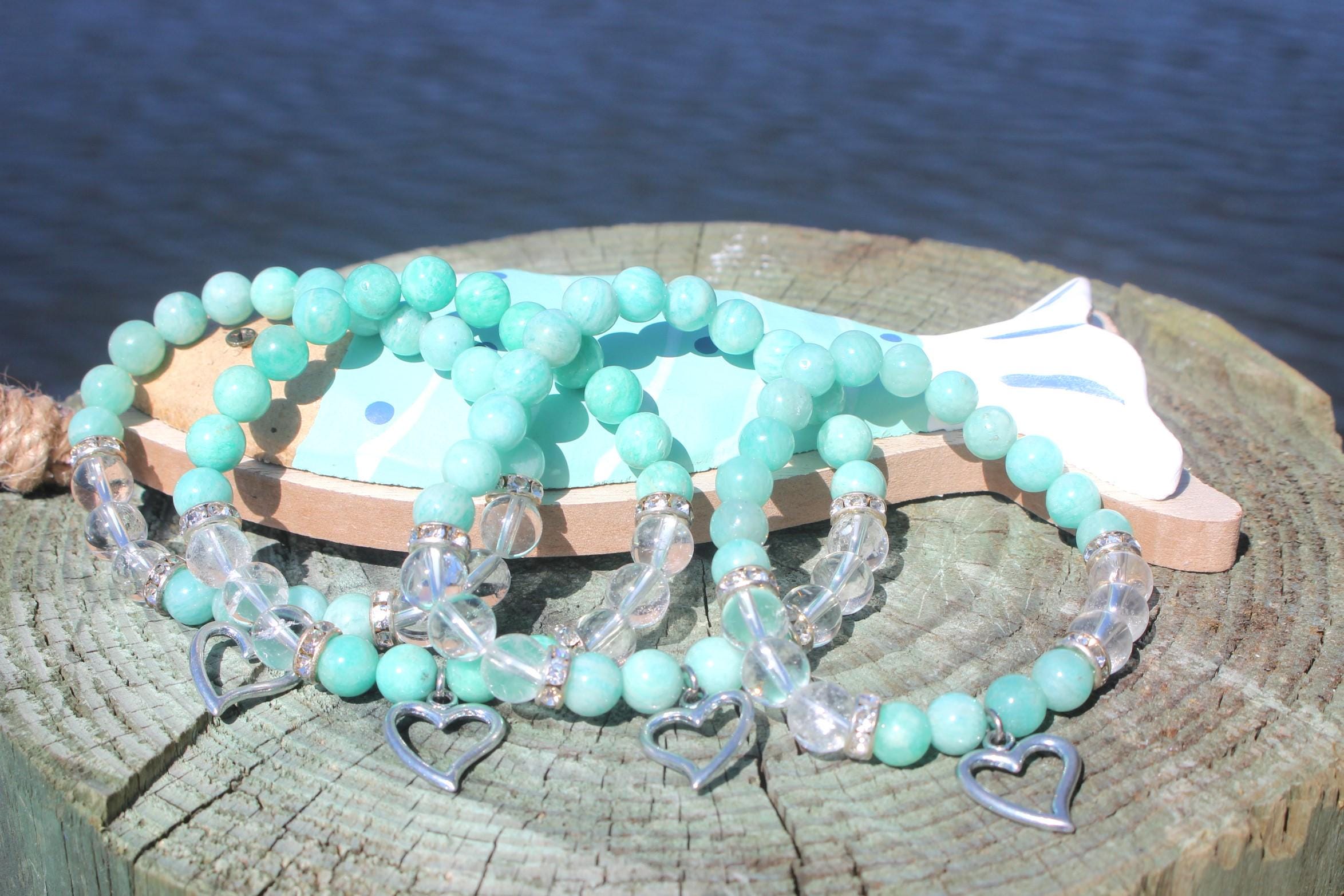 Amazonite and Quartz Stretch Bracelet, Beachy Vibe with Heart Charm, Turquoise Color, Chakra Yoga Jewelry, Fits most Wrists.