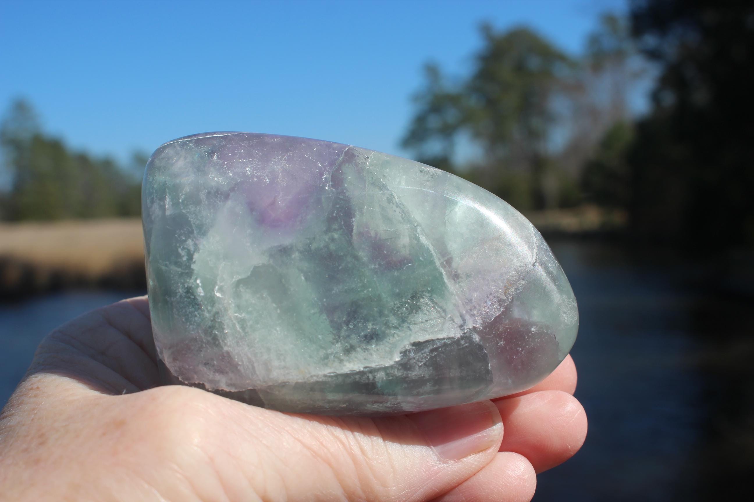 Large Free Form Fluorite Crystal Rock Specimen, Polished Fluorite Gemstone,  Purple Green Translucent Gem. Great Buy!