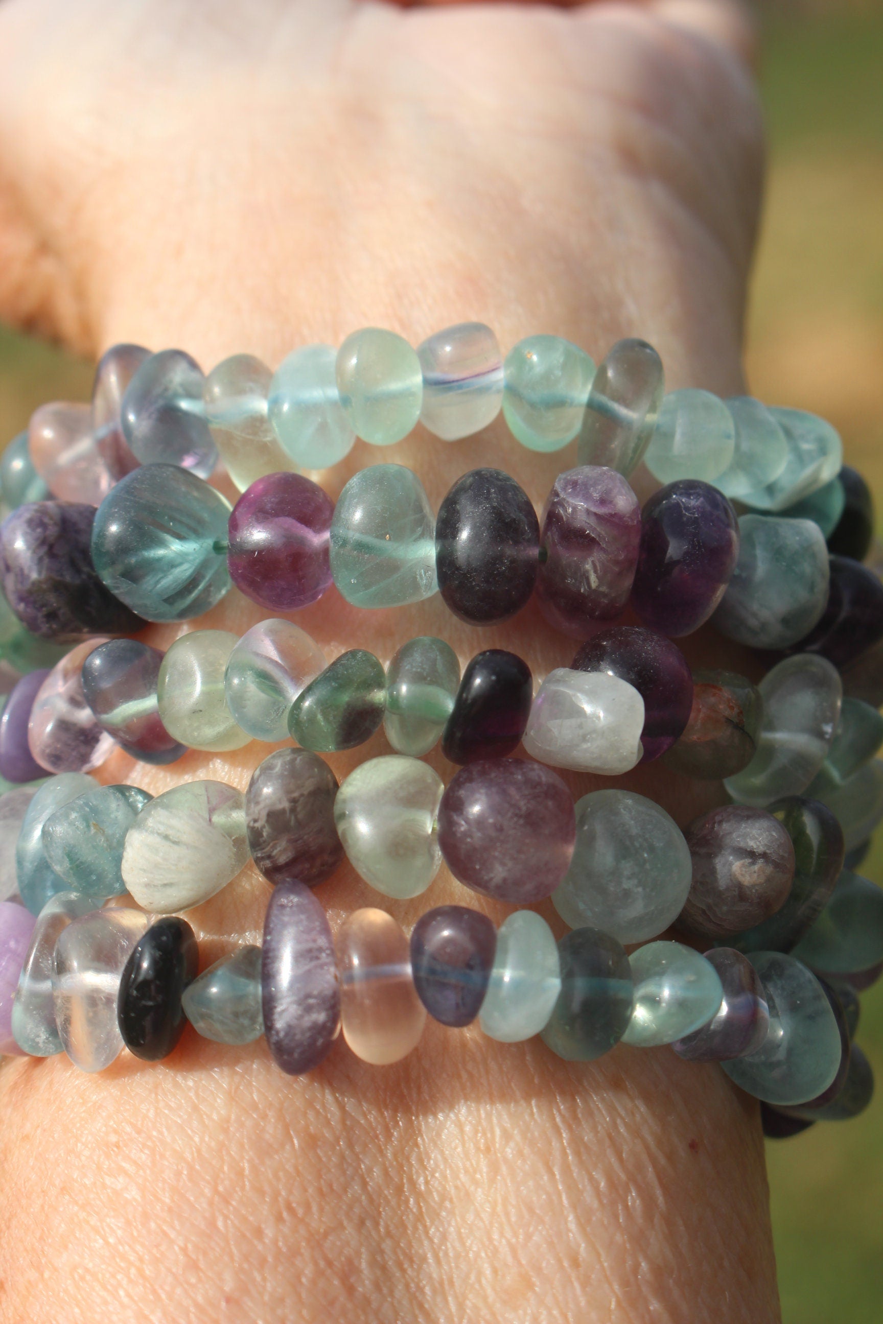 Rainbow Fluorite Chunky Stretch Bracelet, Fits Most Wrists, Natural Multicolored, Polished Gemstones. Chakra Jewelry.