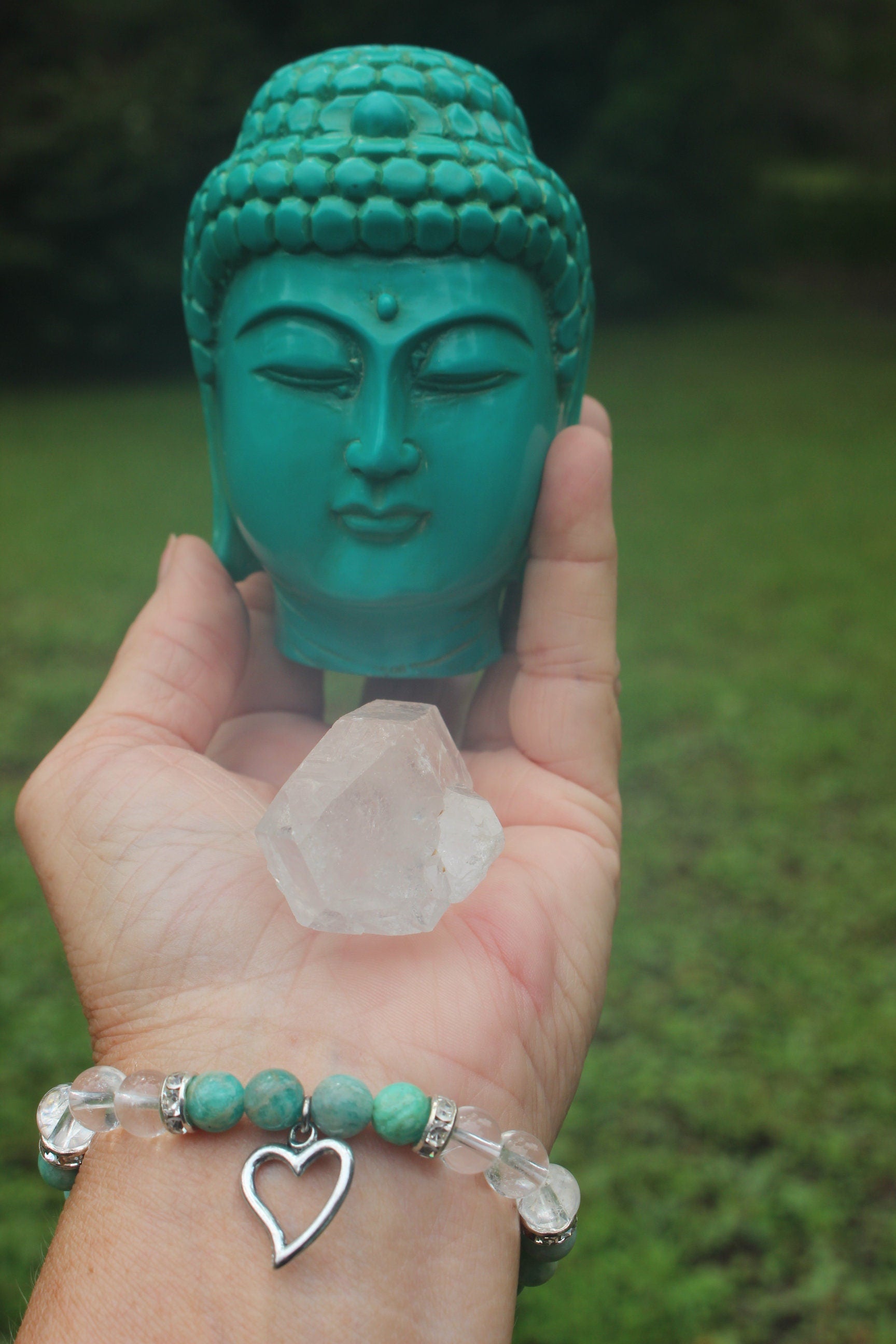 Meditation Room Relaxation Gift Set, Turquoise Color Buddha Head, Amazonite & Quartz Bracelet,  Large Quartz Crystal. Yoga Gift.
