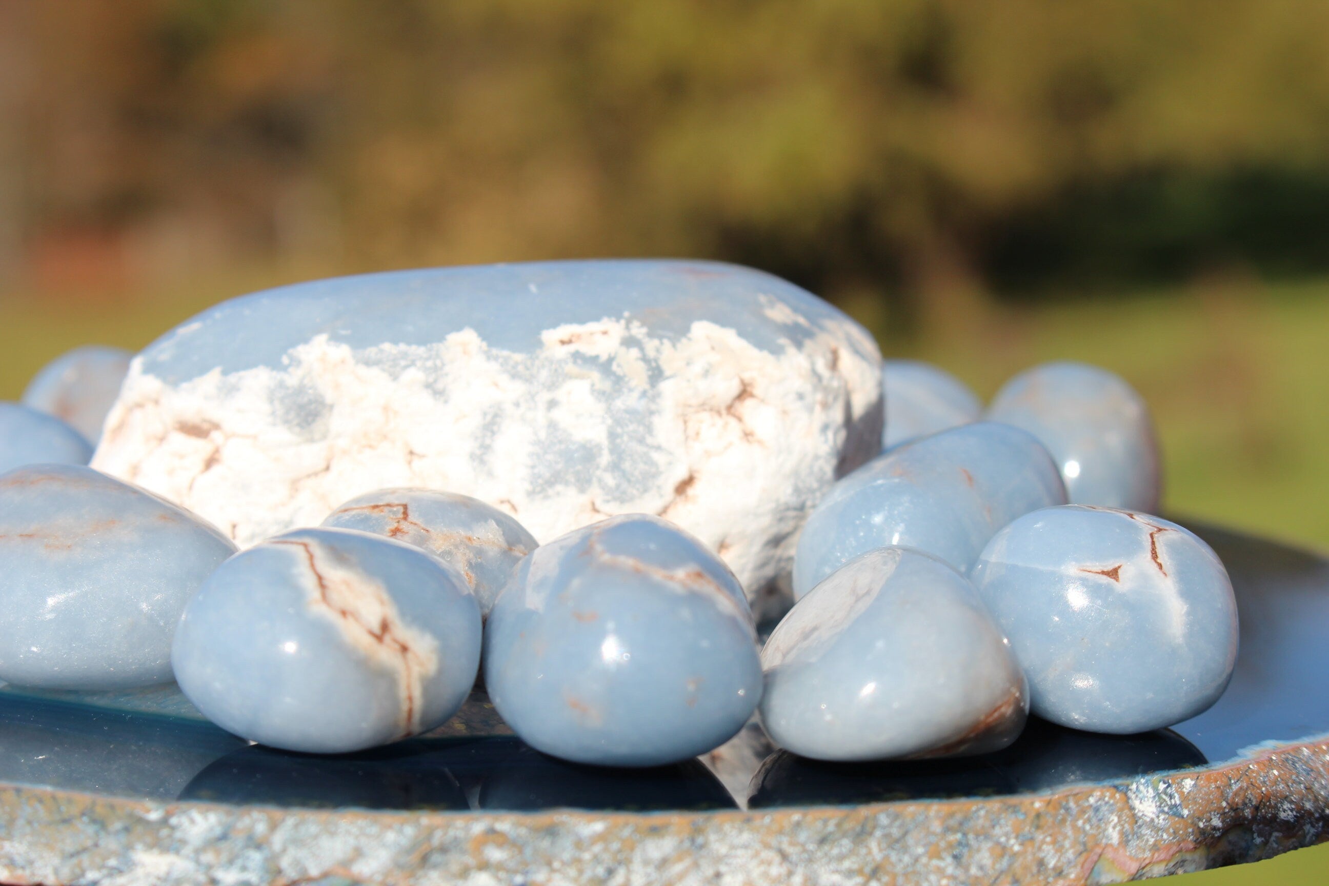 Angelite Crystal Nuggets, Peruvian Tumbled Polished Stones- Rocks, Blue Anhydrate, Altars Grids, Three Stones Each -1.5 oz -2.0 oz