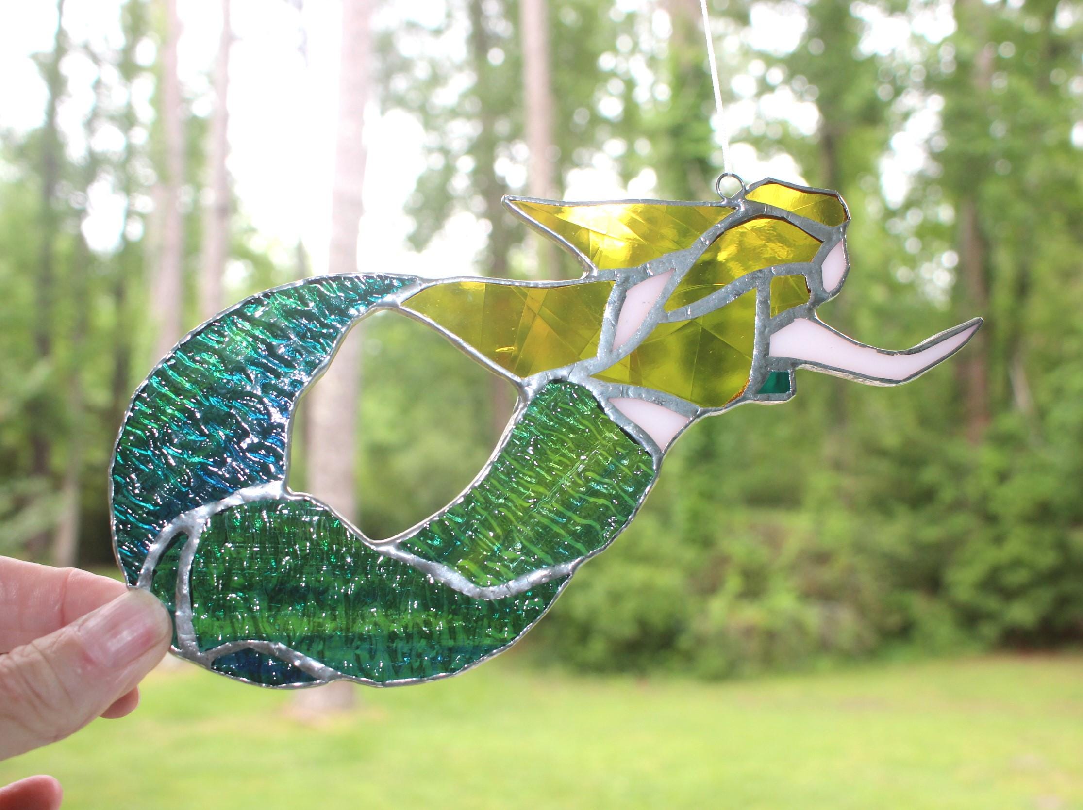 New! Real Stained Glass Mermaid Sun Catcher, Beautiful colors & detail, Well made glass handcraft, Coastal Figurine, Ready to Hang Wall Art!
