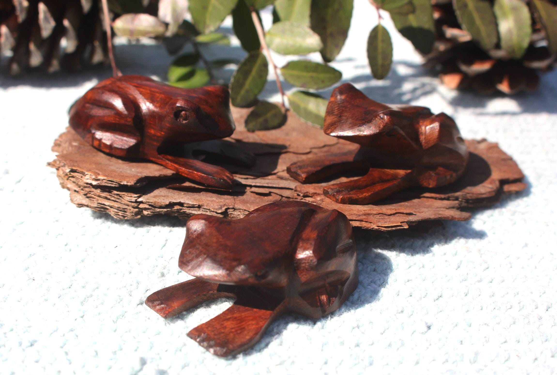 Pair of Rustic Hand Carved Wood Frogs, Small Woodland Animal Figurine, Totem Animal for Altars- Home Décor Collectible.