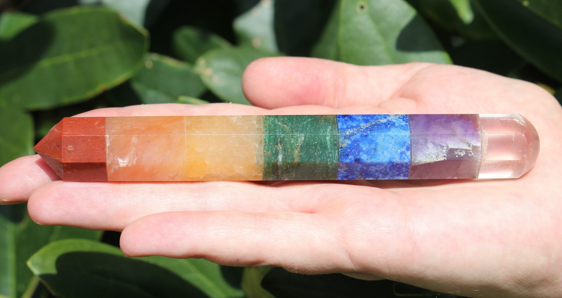 Chakra Wand Seven Gemstones, Healing Energy Terminated Crystal, Reflexology Reiki Massage Wand, Nicely Polished, with Velvet Bag