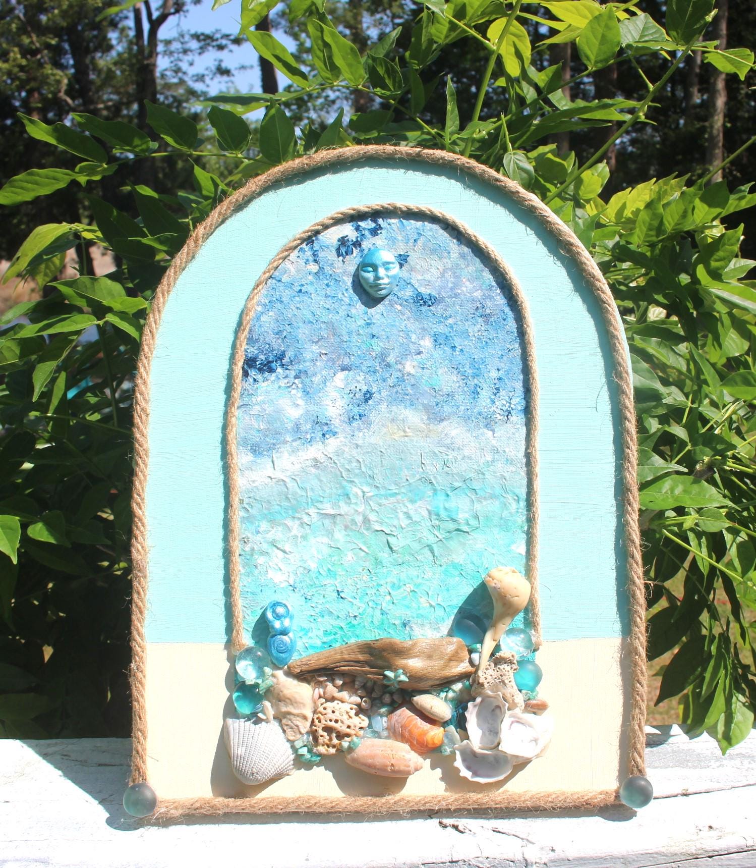 Coastal Décor Painted Wall Art Canvas, Original Ocean Art Collage, Handmade Island Life , Beach Aesthetic Vintage Style, Small Clay Mermaid.