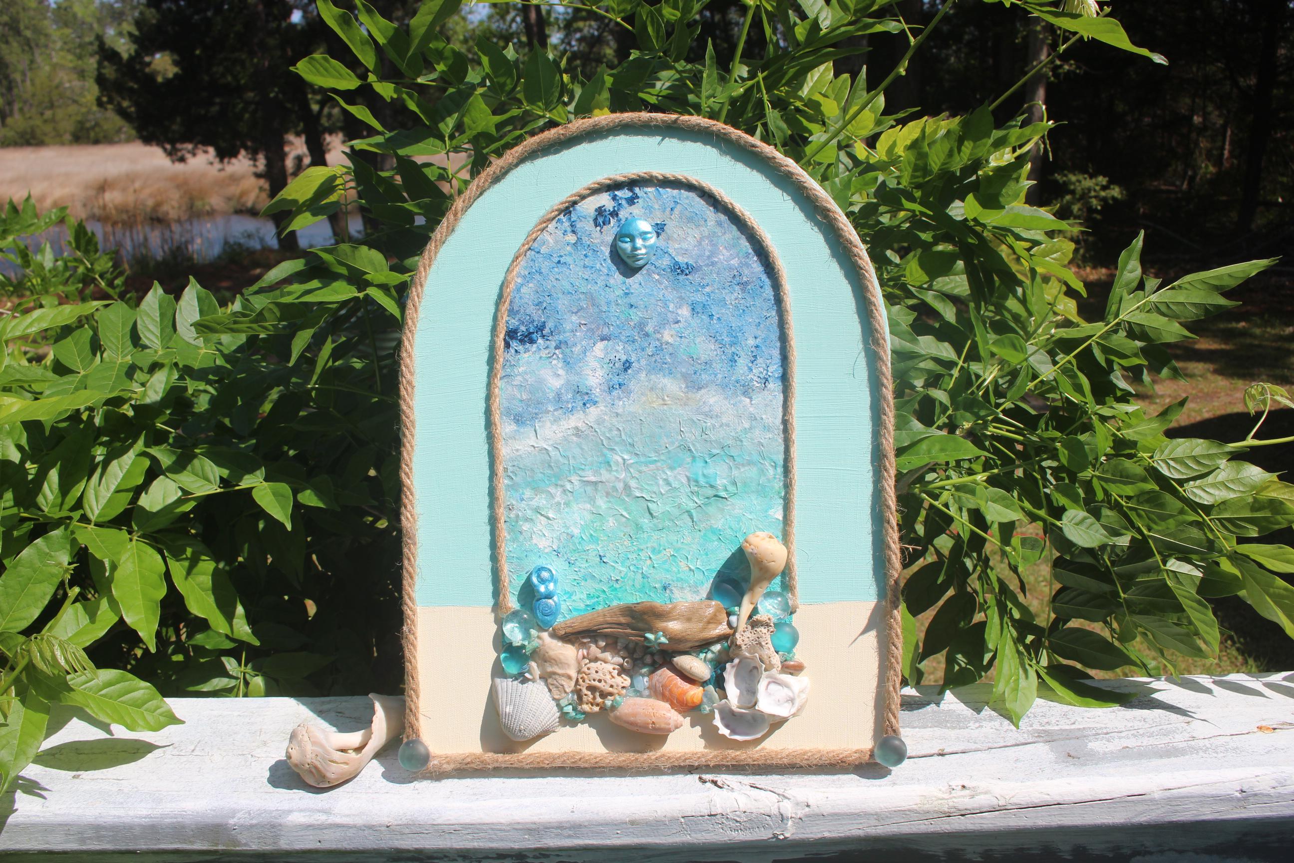 Coastal Décor Painted Wall Art Canvas, Original Ocean Art Collage, Handmade Island Life , Beach Aesthetic Vintage Style, Small Clay Mermaid.