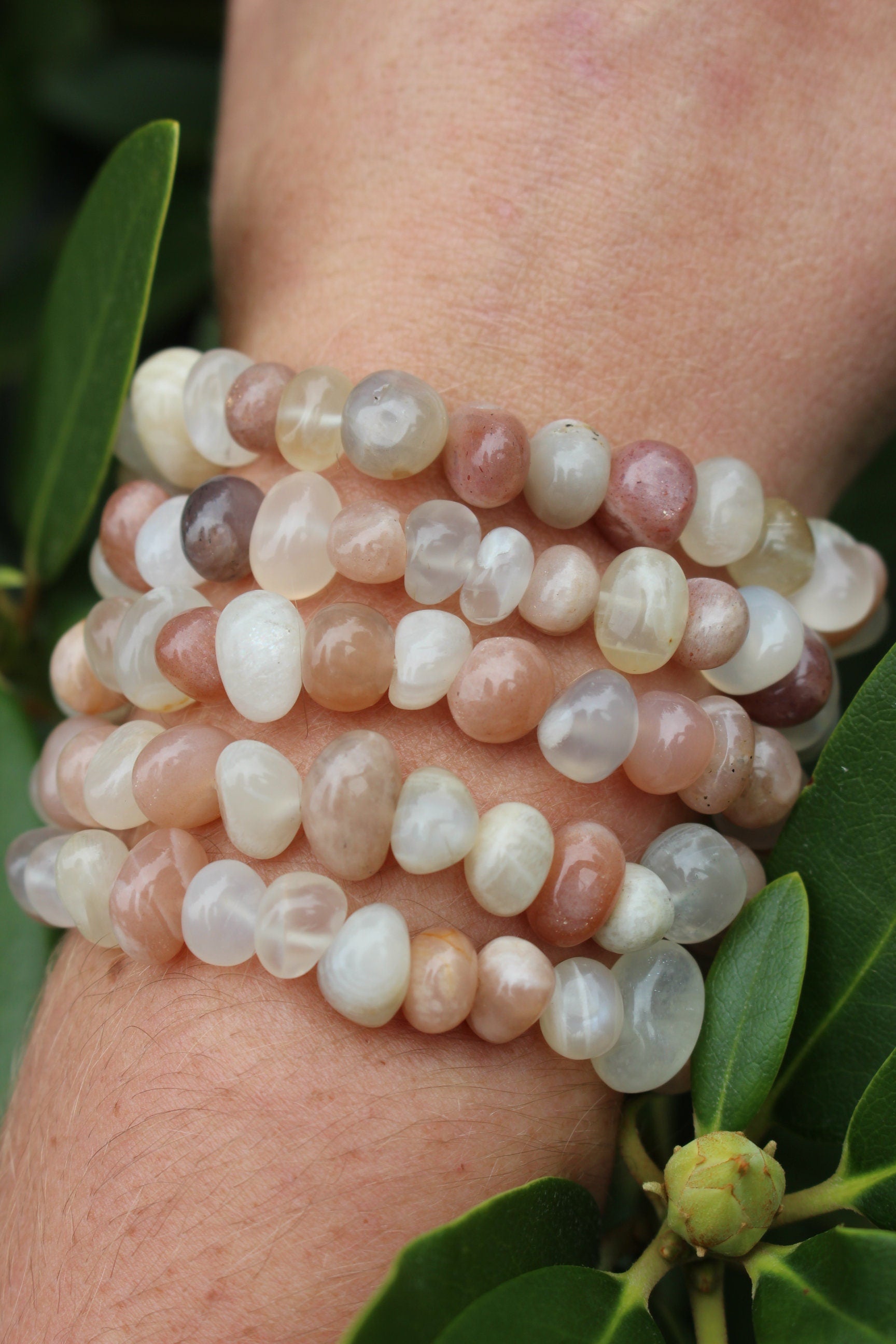 Handmade Moonstone Stretch Bracelet, Fits most Wrists, Peach White Grey Polished Crystal Gemstones Chunky Bracelet.