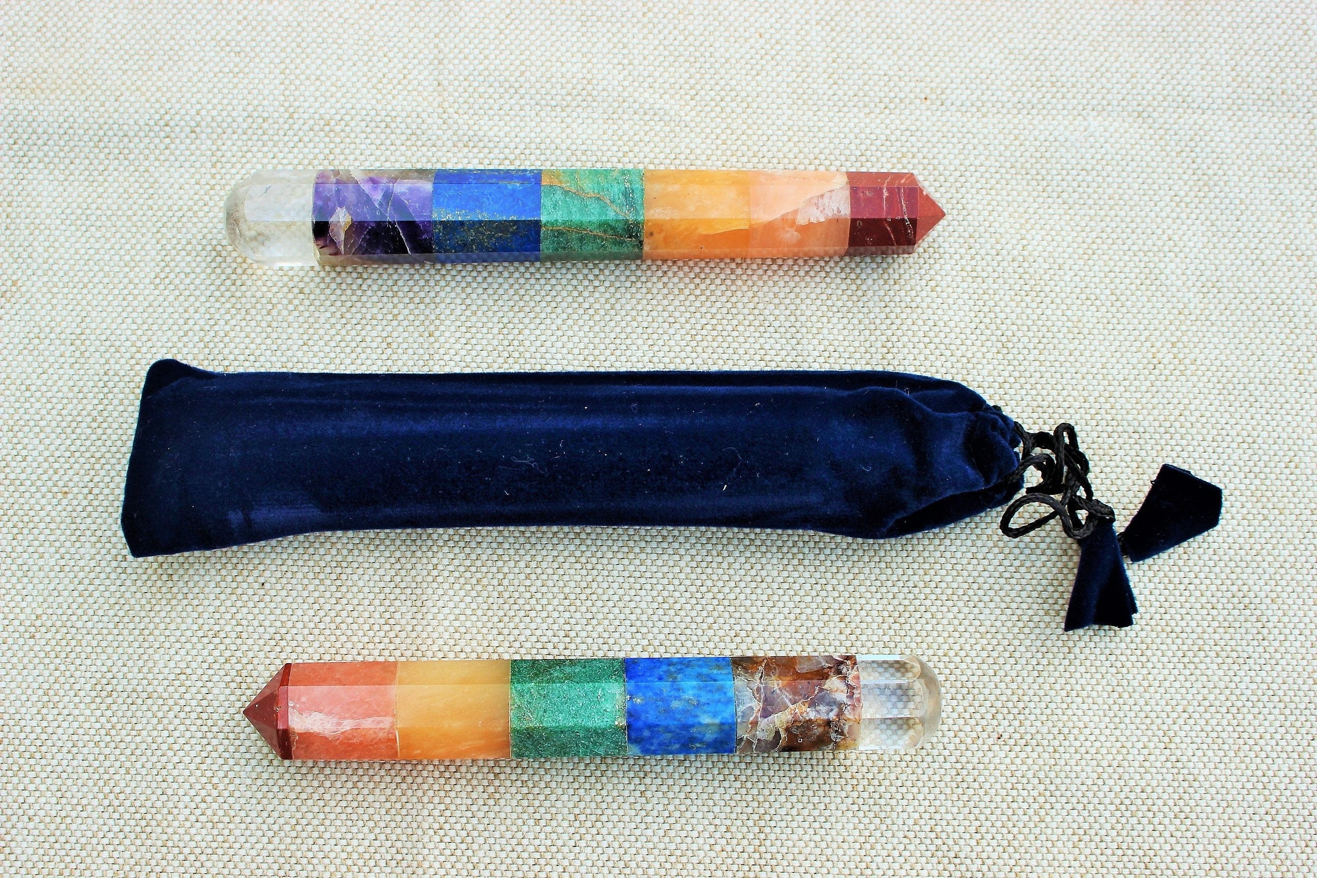 Chakra Wand Seven Gemstones, Healing Energy Terminated Crystal, Reflexology Reiki Massage Wand, Nicely Polished, with Velvet Bag