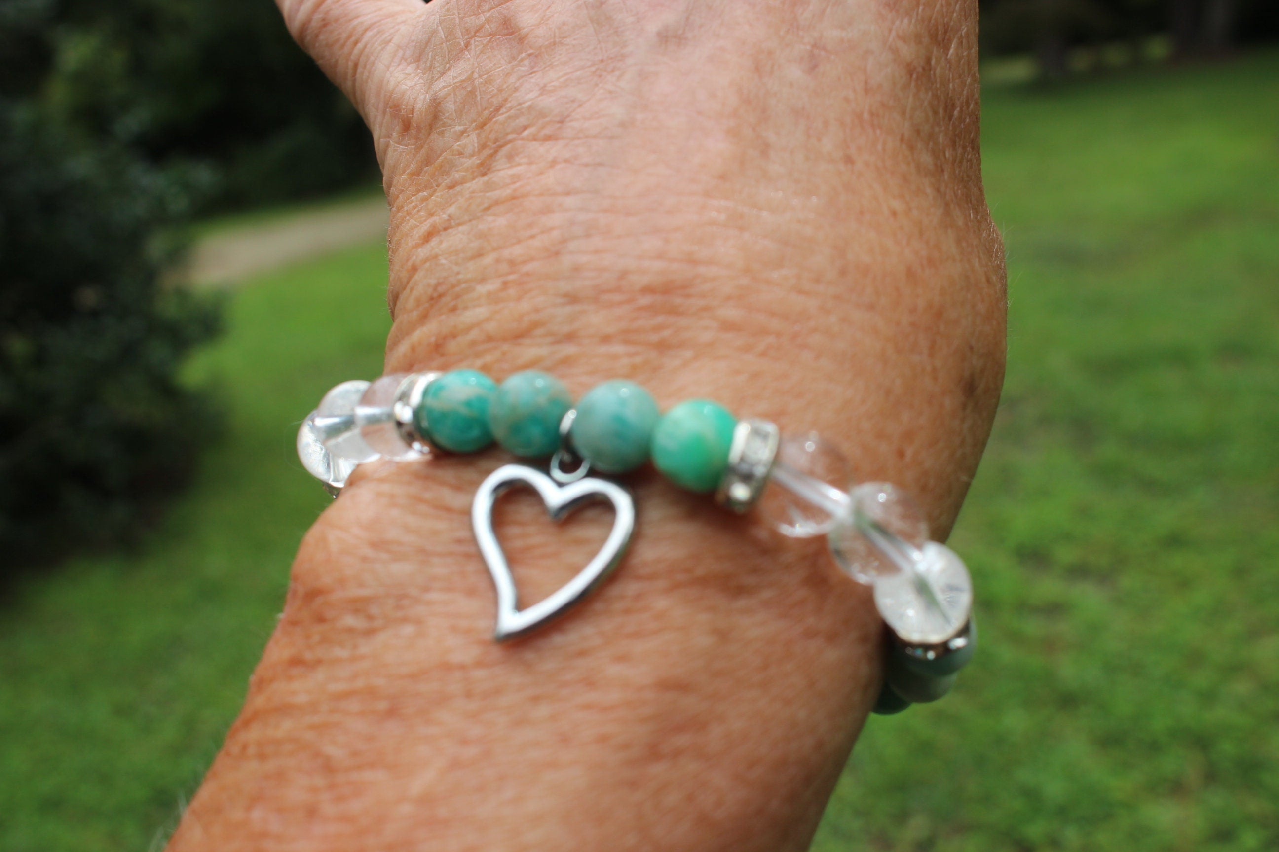 Meditation Room Relaxation Gift Set, Turquoise Color Buddha Head, Amazonite & Quartz Bracelet,  Large Quartz Crystal. Yoga Gift.