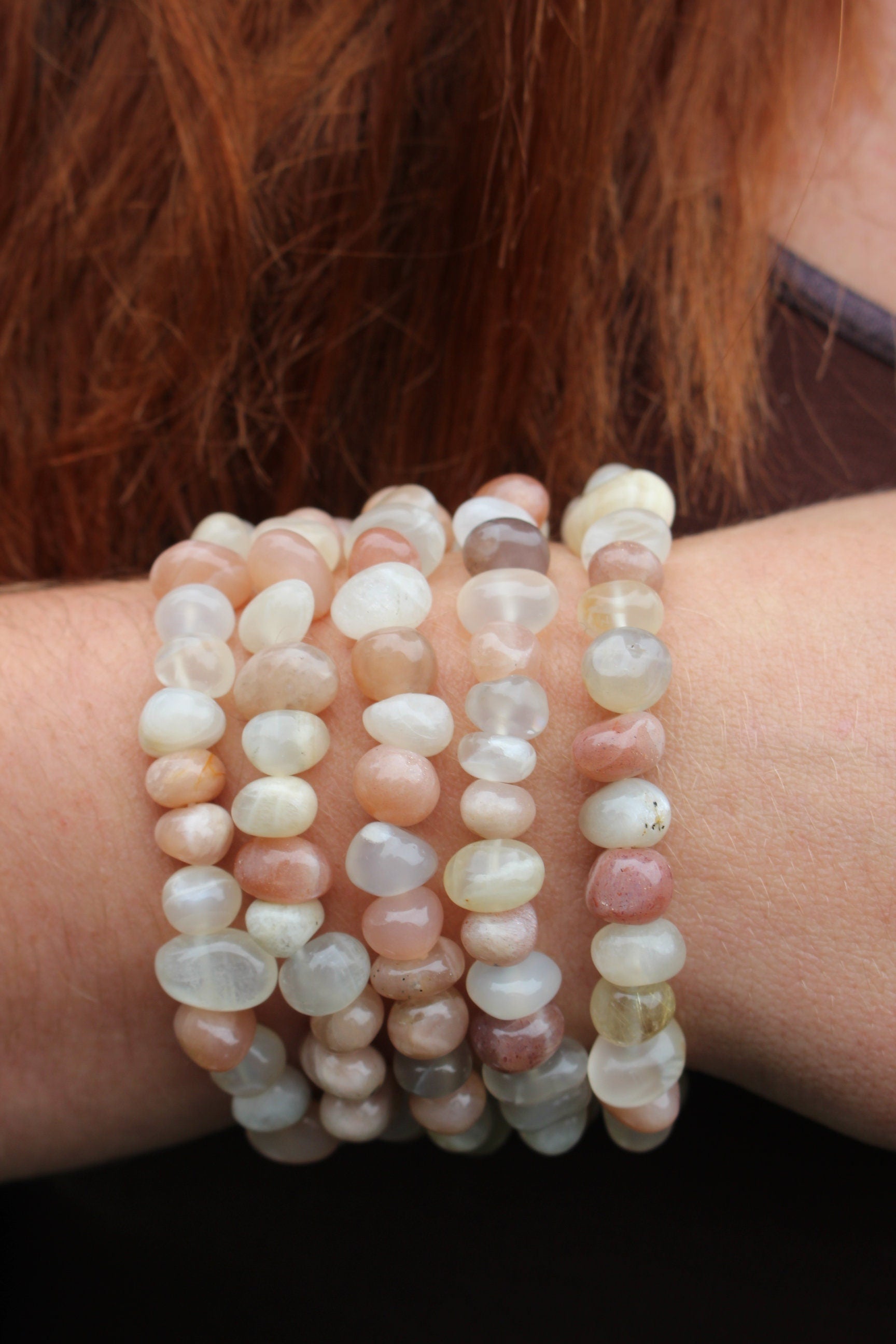 Handmade Moonstone Stretch Bracelet, Fits most Wrists, Peach White Grey Polished Crystal Gemstones Chunky Bracelet.
