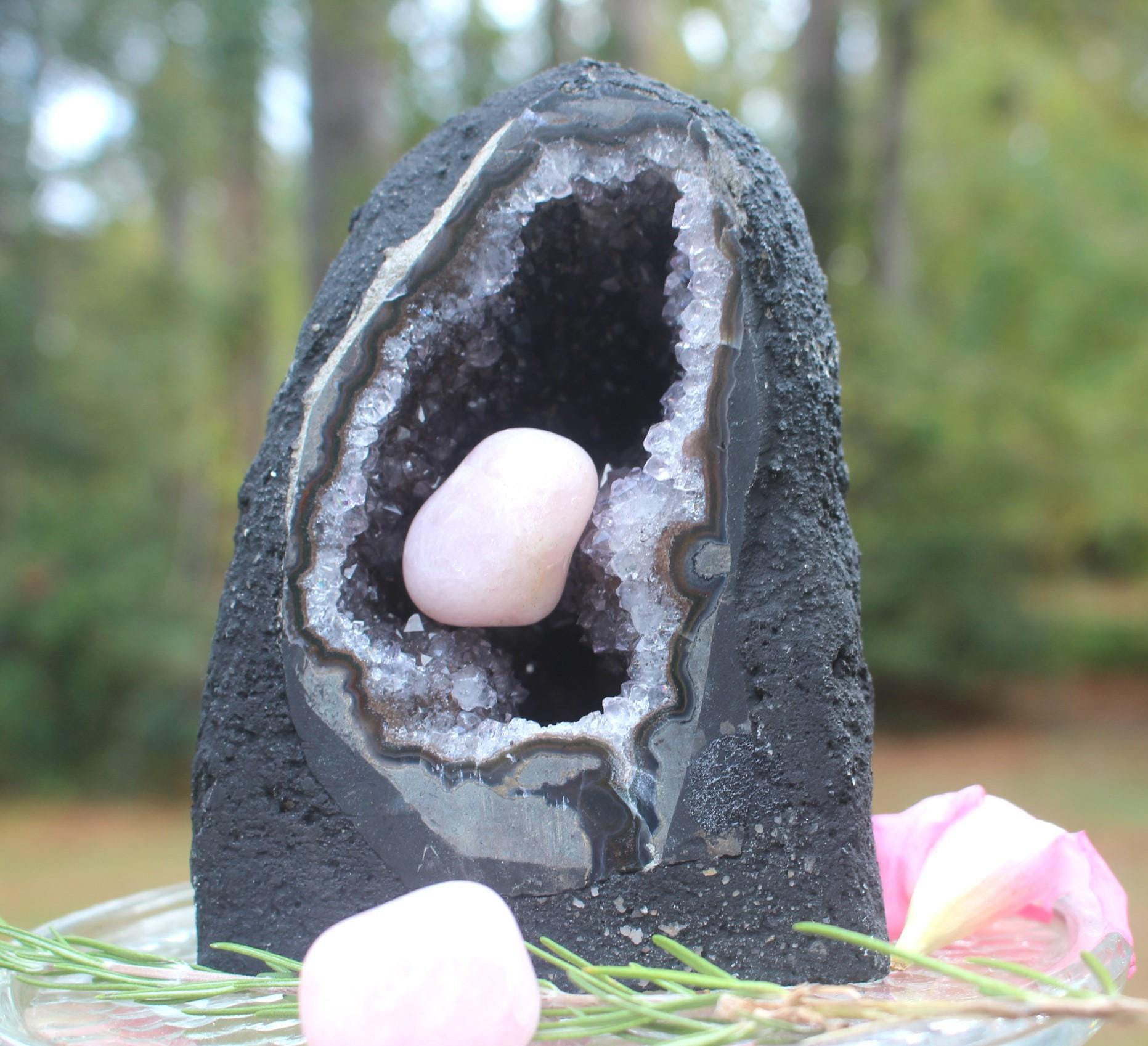 Amethyst Geode Crystal Cave Cathedral w/ Rose Quartz Stone,  Hollow Geode Collectible Specimen. Boho Home Décor, Priority Mail Shipping.