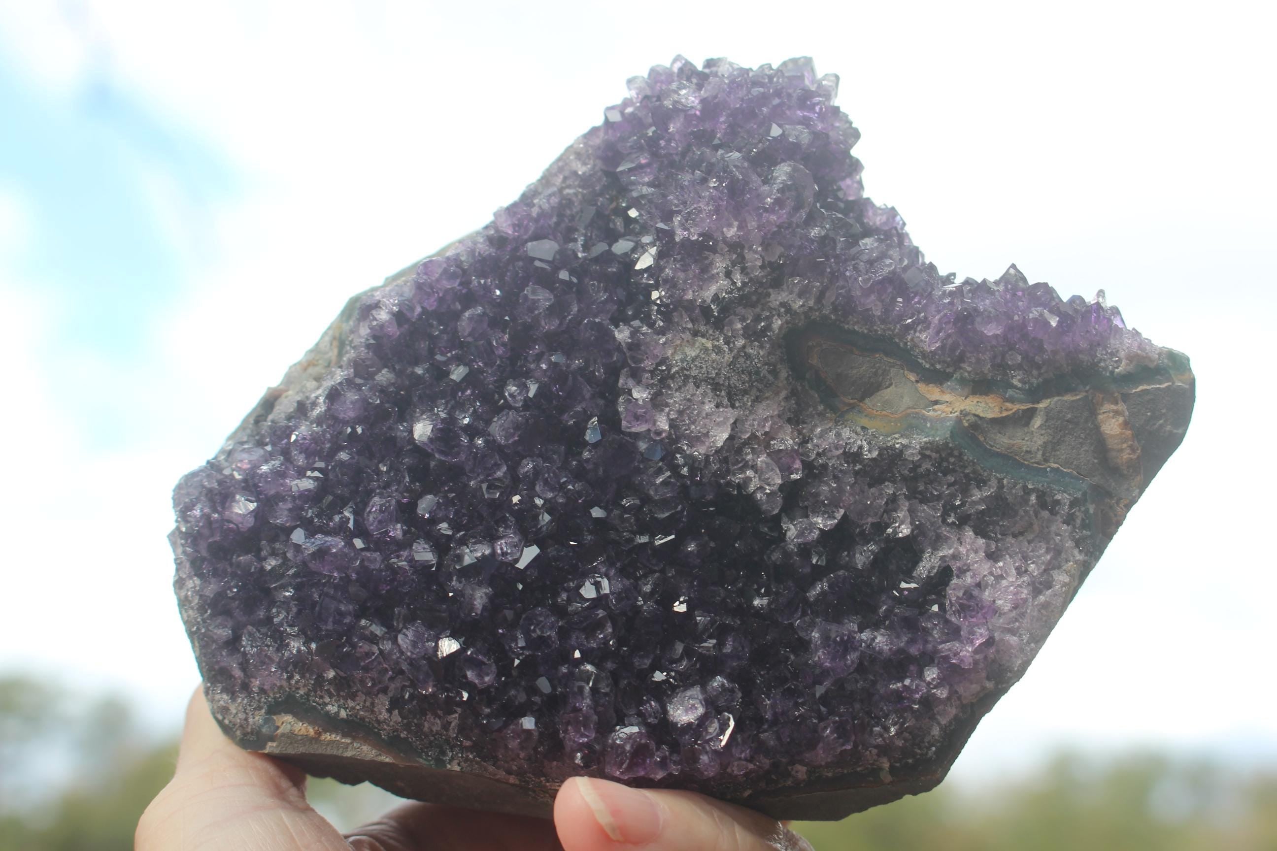 Amethyst Geode Crystal Gemstone Cluster, Sparkling Purple Specimen for Boho Crystal Home Décor, Yoga-Meditation Space.