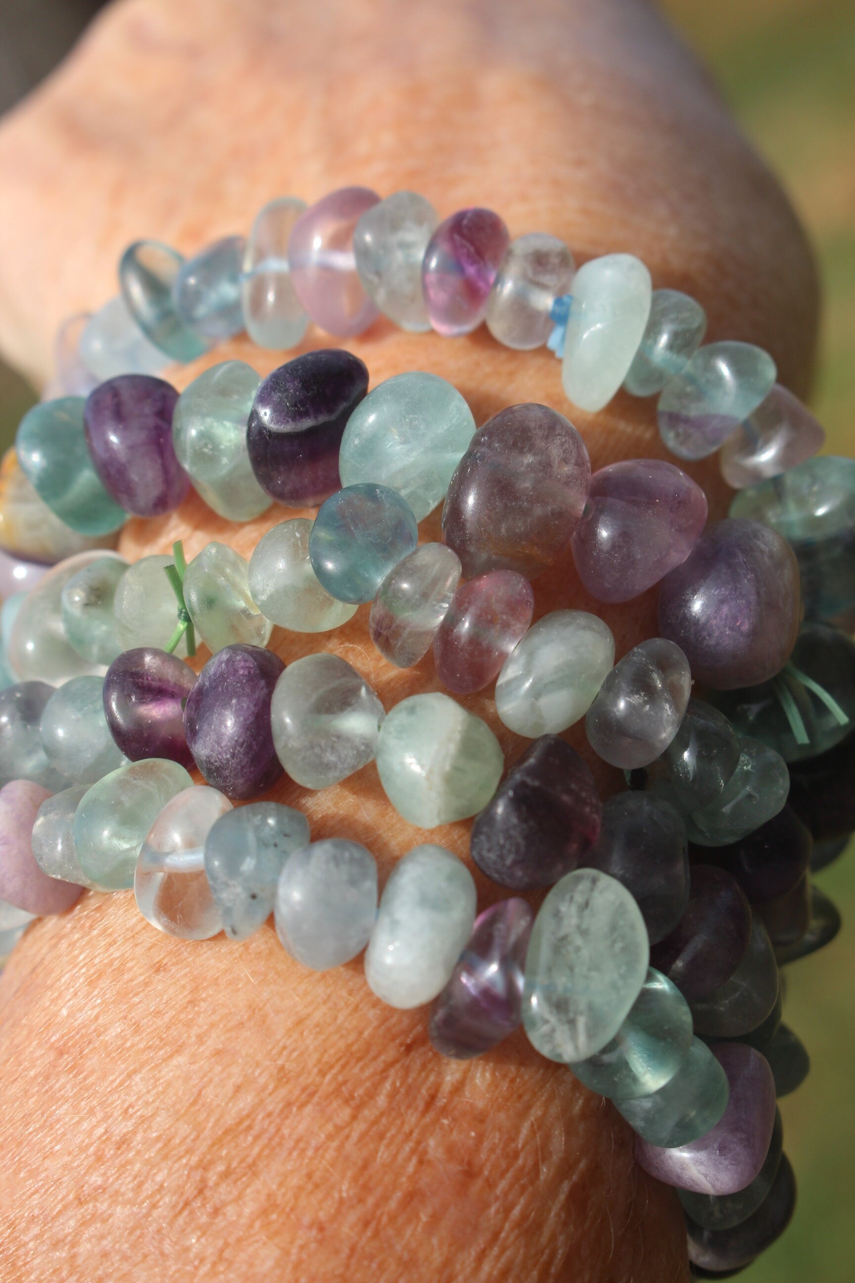 Rainbow Fluorite Chunky Stretch Bracelet, Fits Most Wrists, Natural Multicolored, Polished Gemstones. Chakra Jewelry.