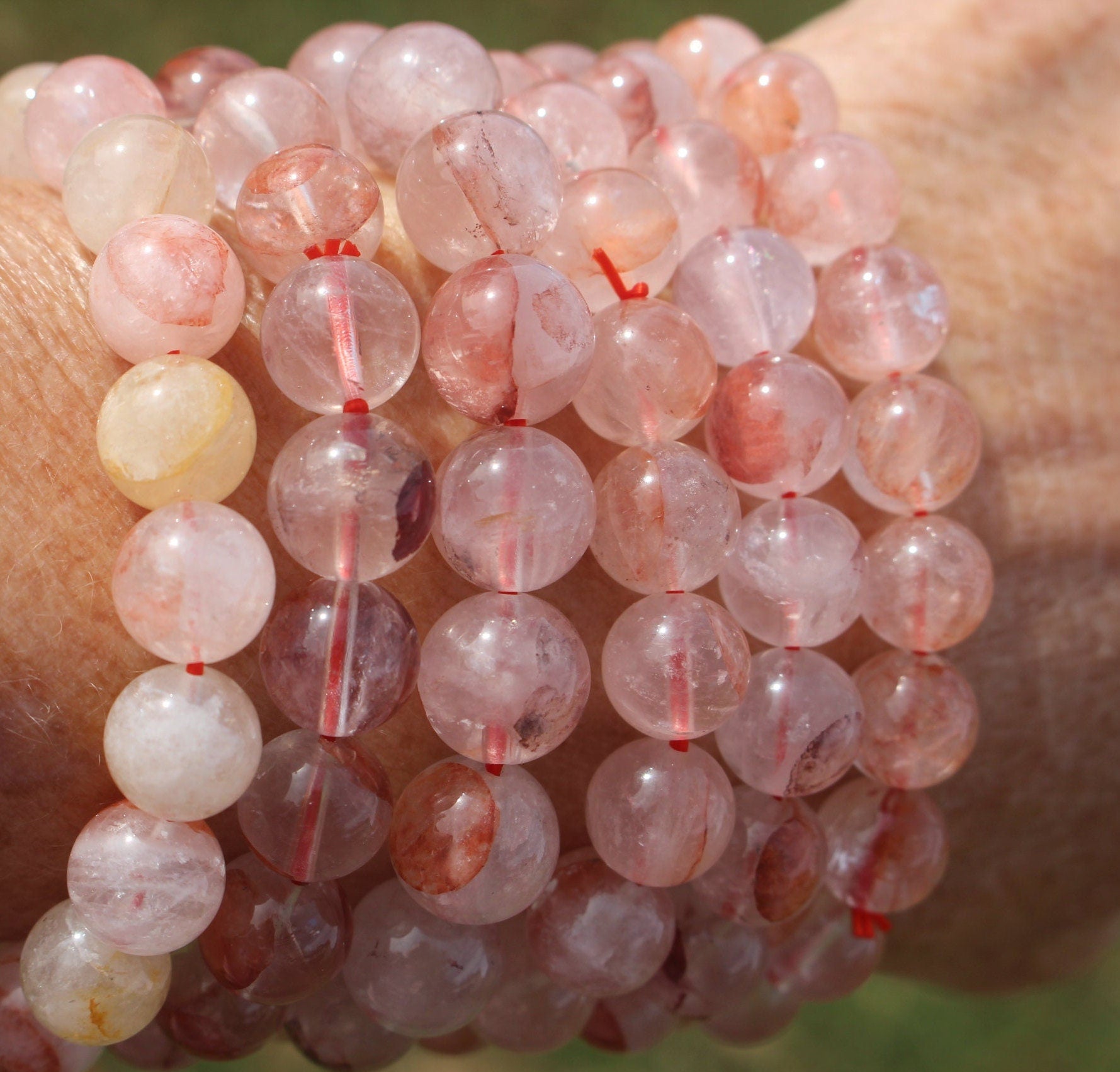 Handmade Hematoid Quartz Stretch Bracelet, Fits Most Wrists, Polished round beads- Natural- clear-rust-pink colors, Chakra Yoga Jewelry.
