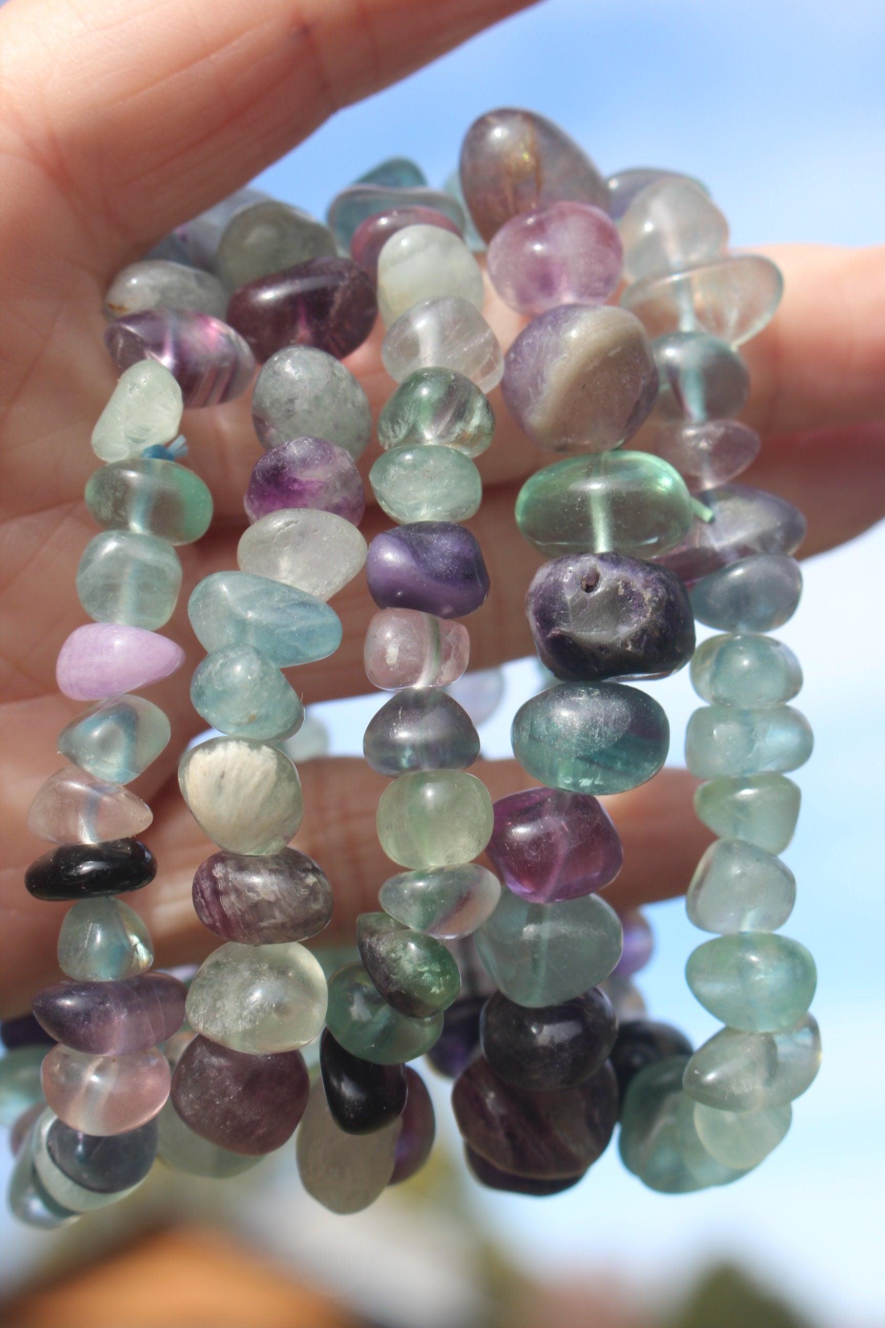 Rainbow Fluorite Chunky Stretch Bracelet, Fits Most Wrists, Natural Multicolored, Polished Gemstones. Chakra Jewelry.
