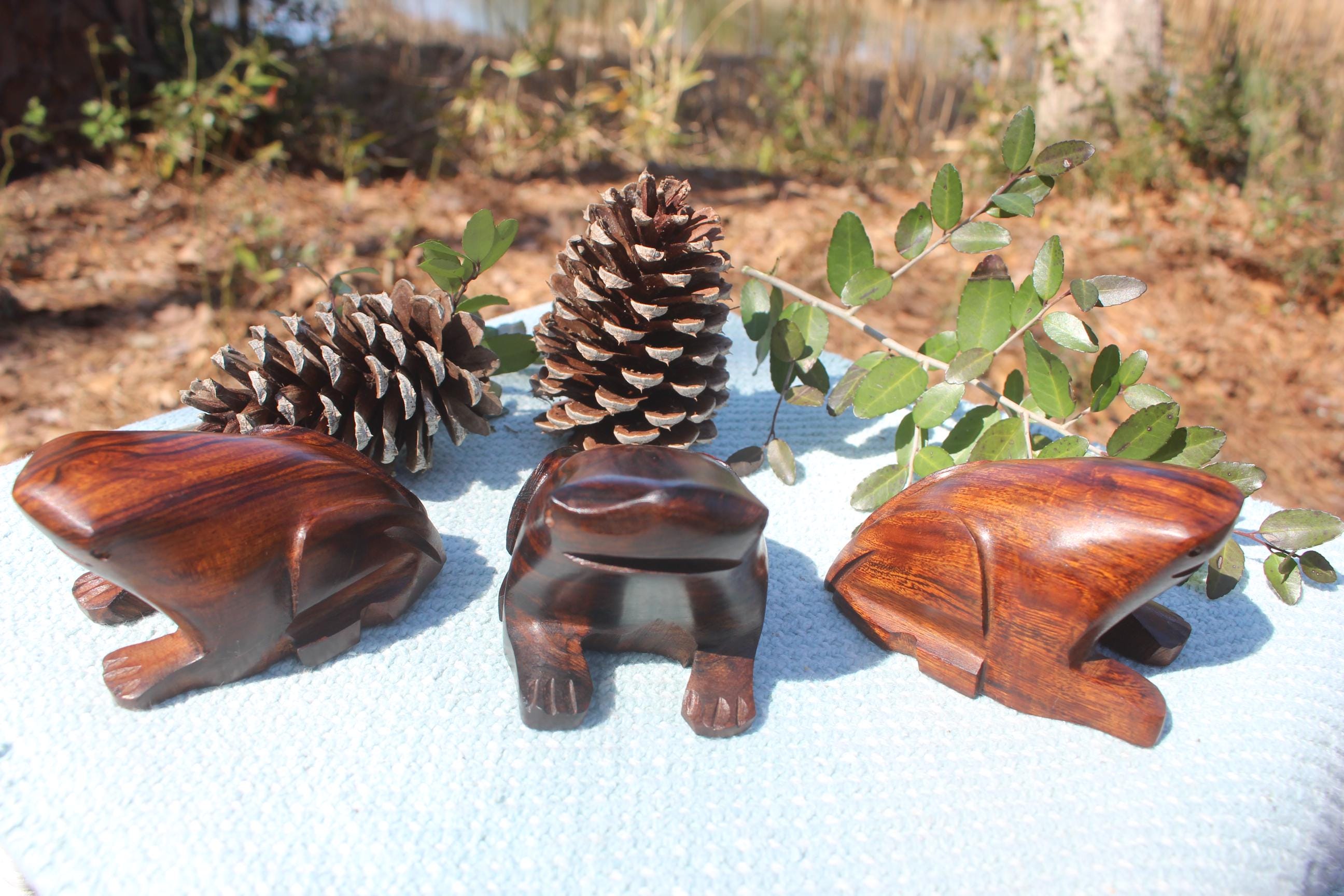 Large Rustic Hand Carved Wood Frogs, Woodland Animal Turtle Figurine, Totem Animal for Altars- Home Décor.